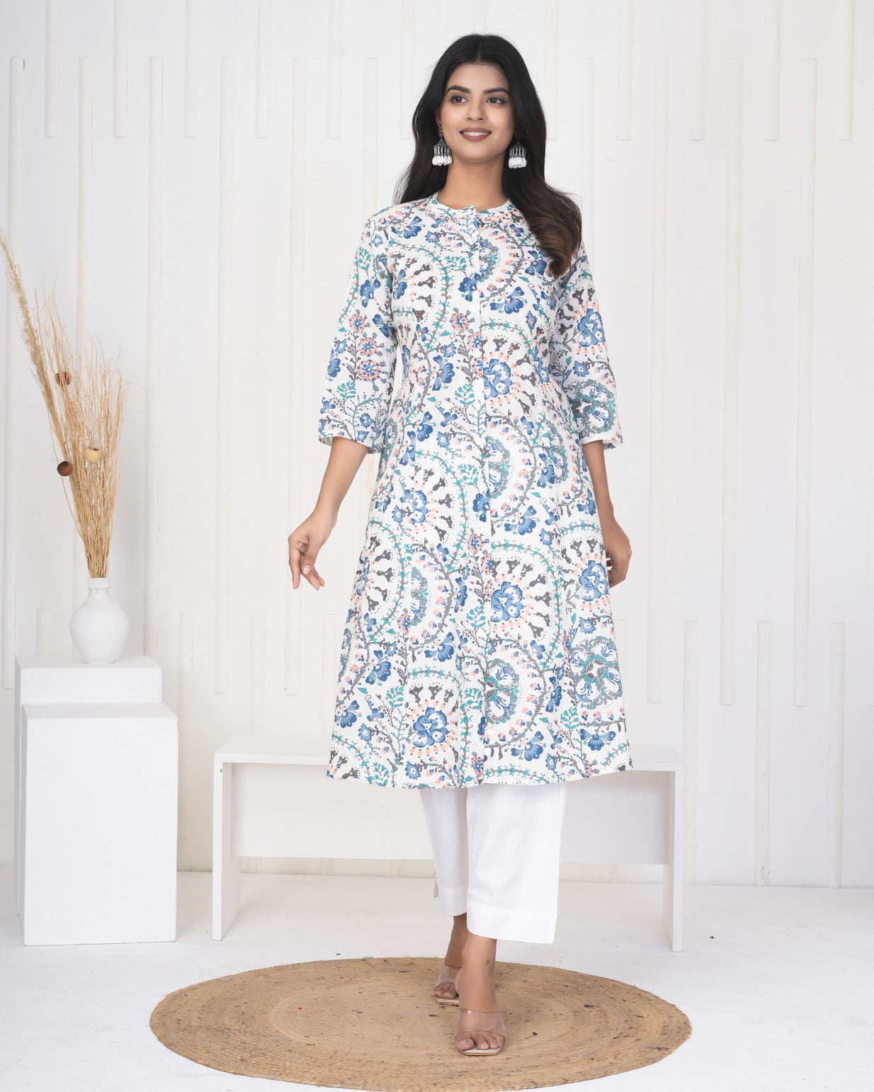 White With Blue Multicolor Floral Print Cotton Kurti