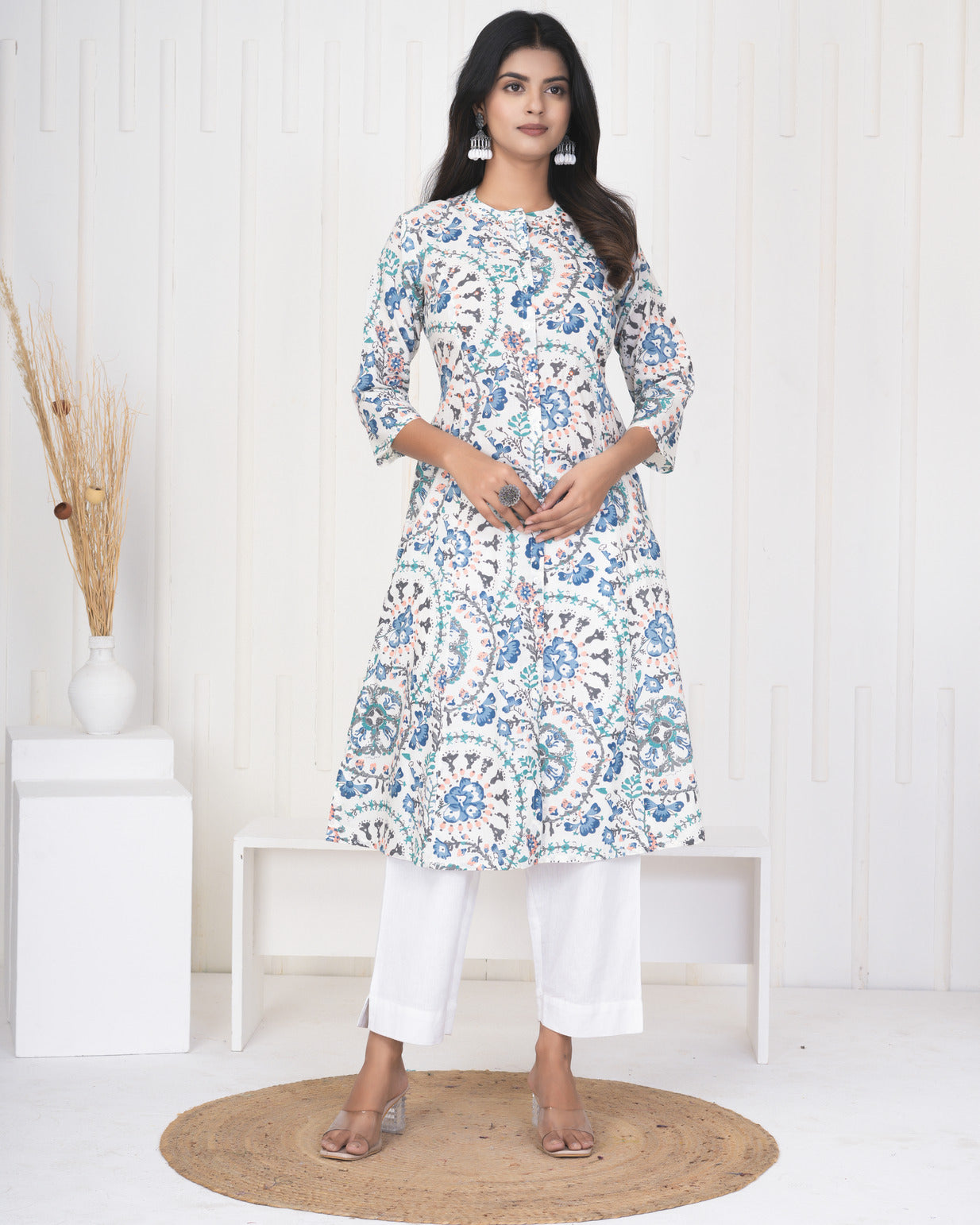 White With Blue Multicolor Floral Print Cotton Kurti