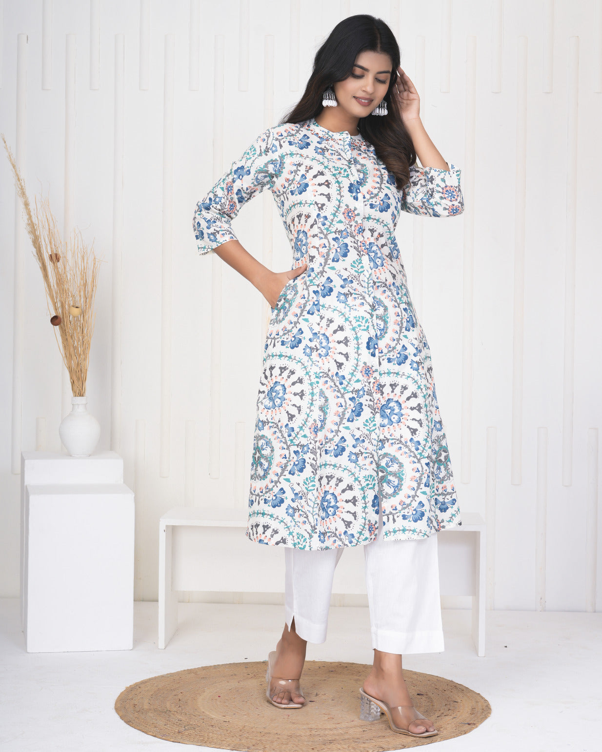 White With Blue Multicolor Floral Print Cotton Kurti