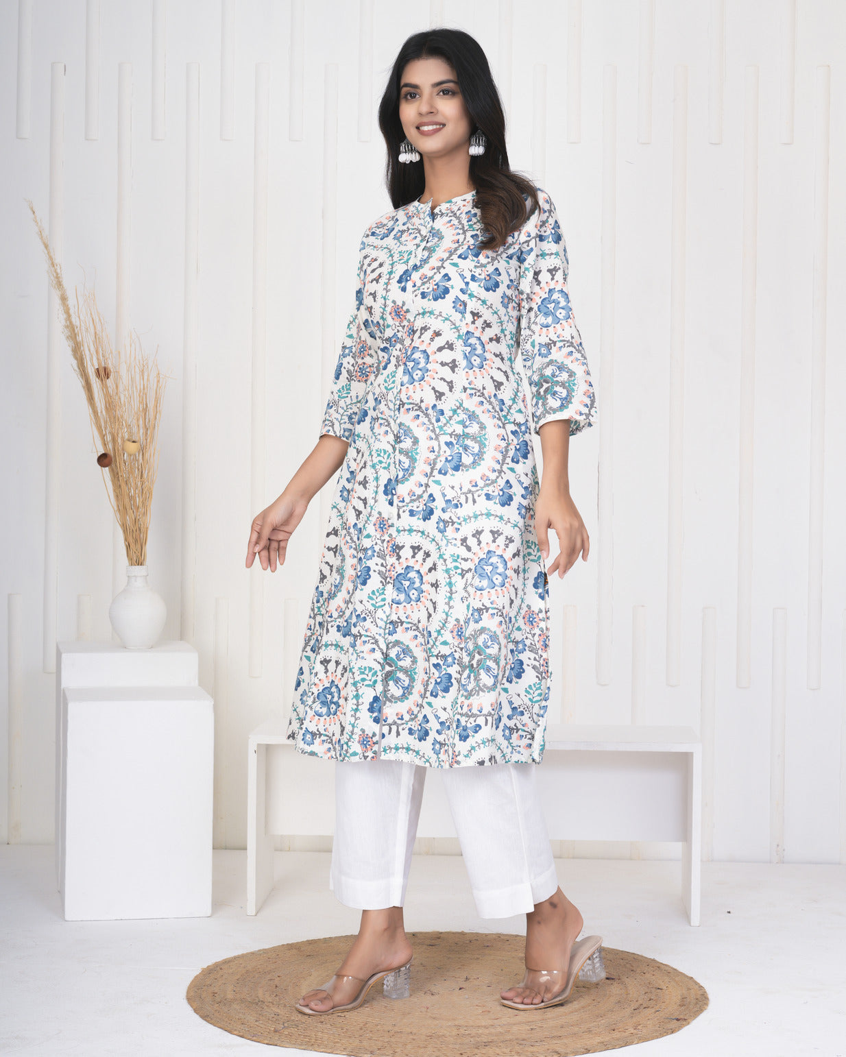 White With Blue Multicolor Floral Print Cotton Kurti