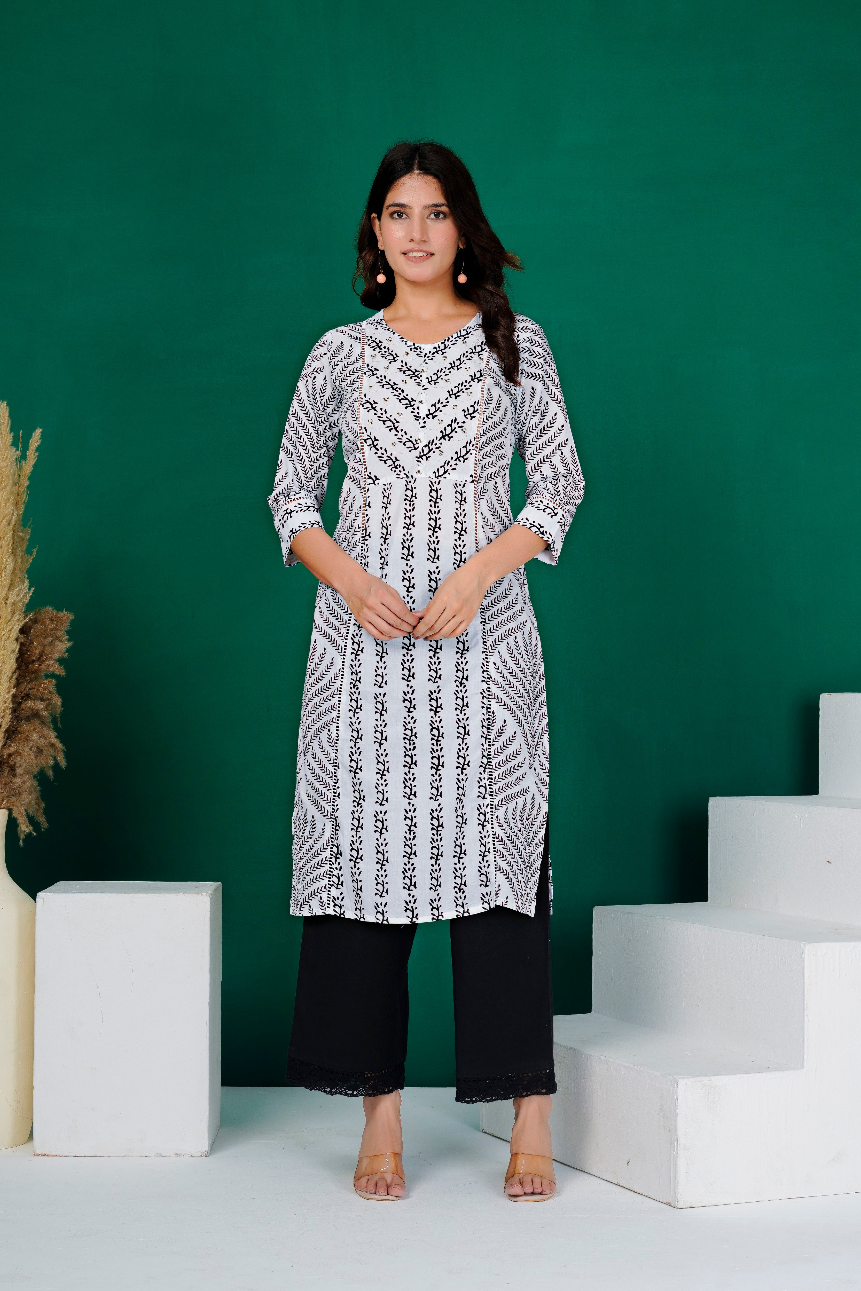 White Linear Print A-Line Cotton Kurti