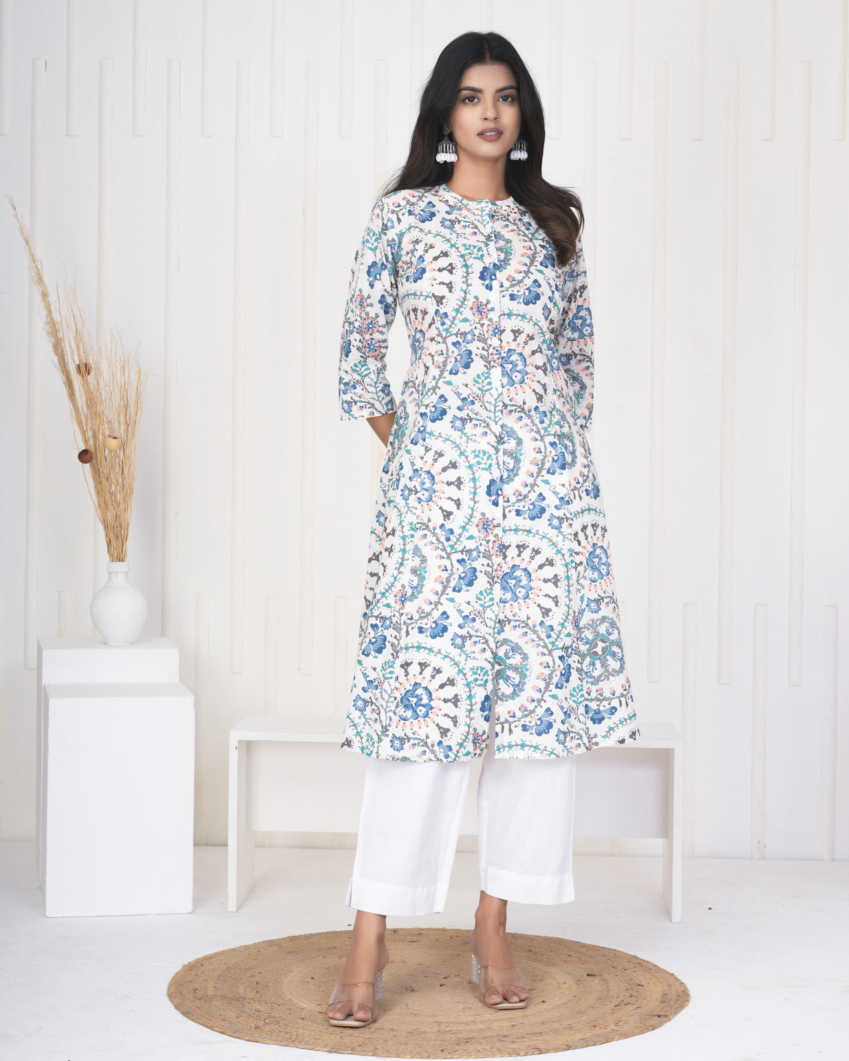 White With Blue Multicolor Floral Print Cotton Kurti