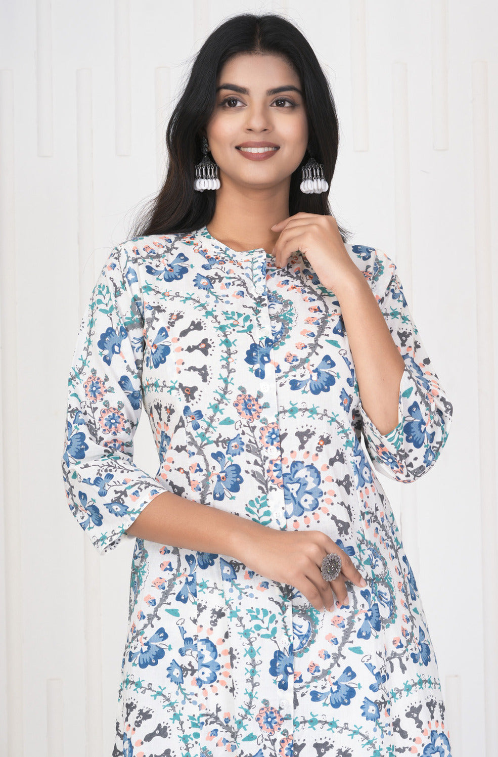 White With Blue Multicolor Floral Print Cotton Kurti