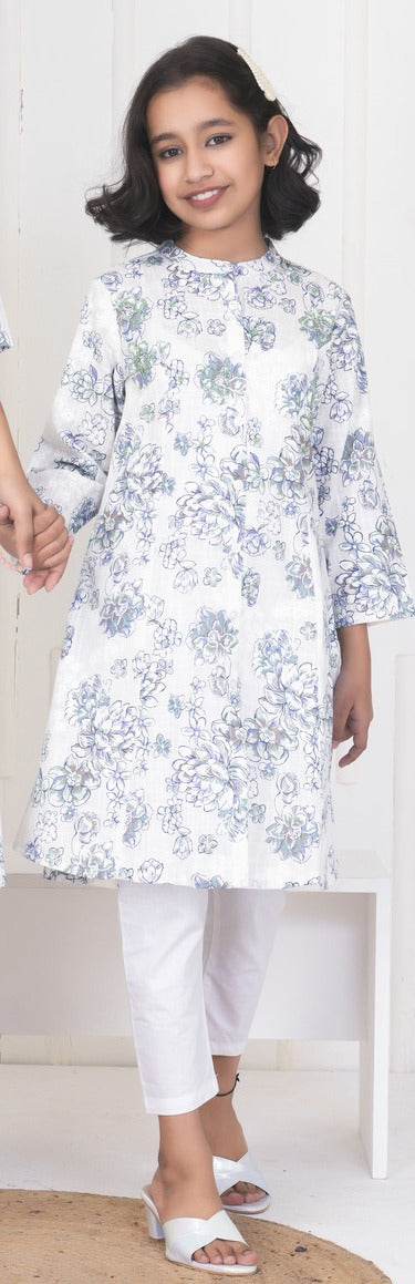 White With Embroidery Floral Work Cotton Kurti