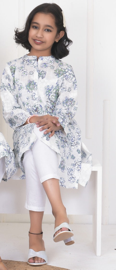 White With Embroidery Floral Work Cotton Kurti