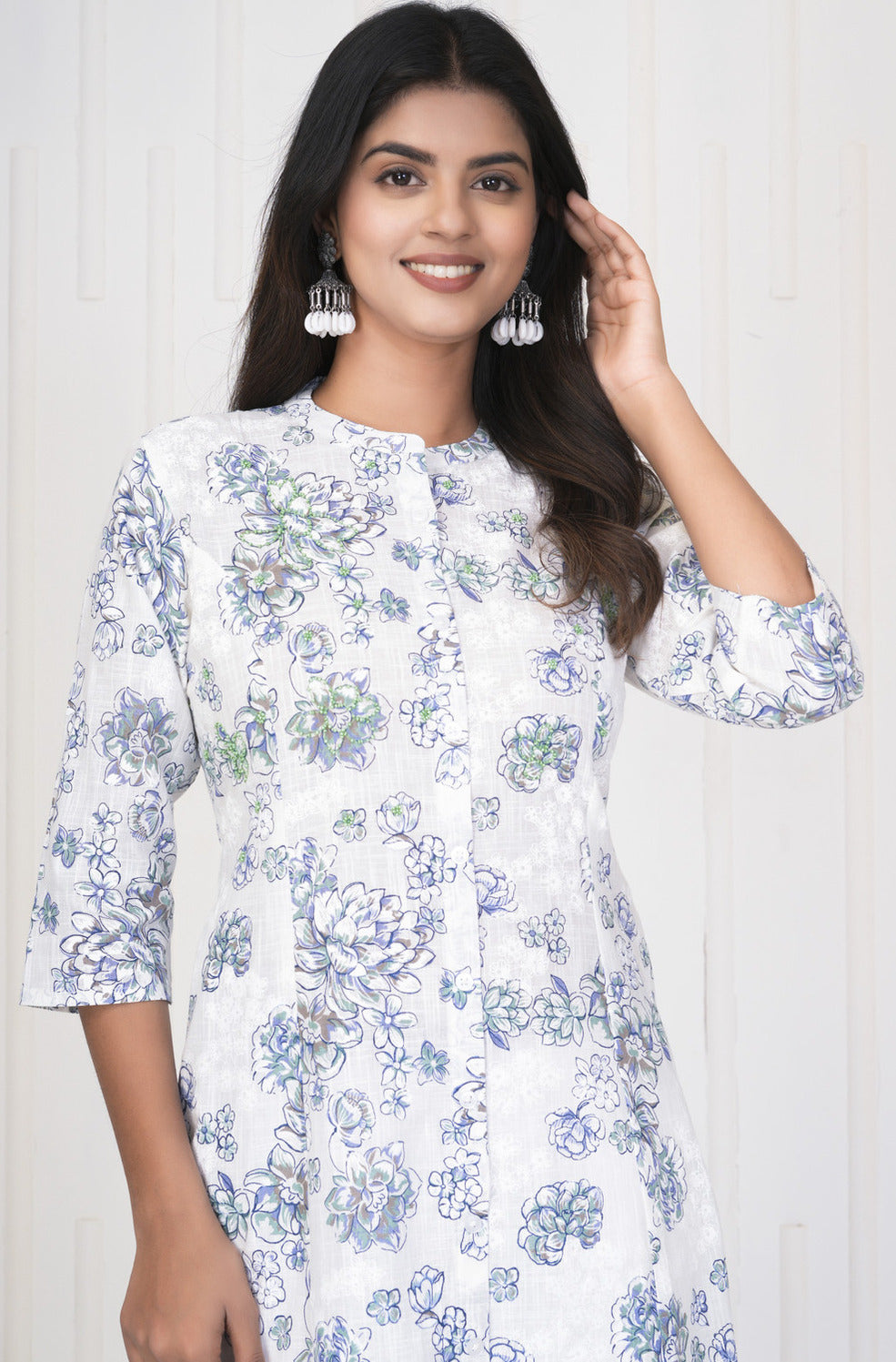 White With Embroidery Floral Work Cotton Kurti