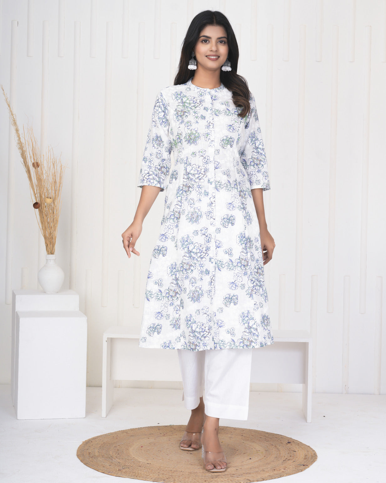 White With Embroidery Floral Work Cotton Kurti