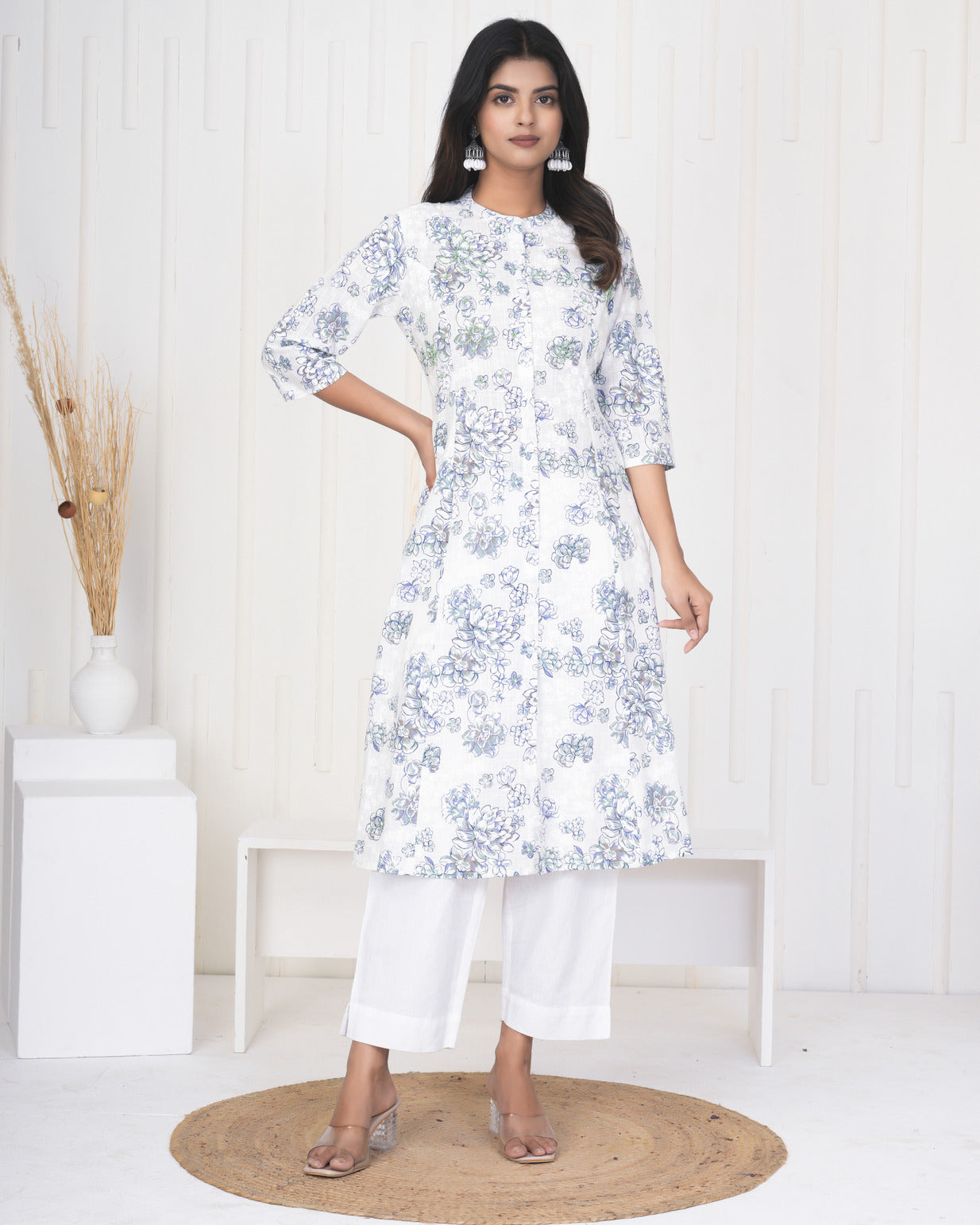 White With Embroidery Floral Work Cotton Kurti