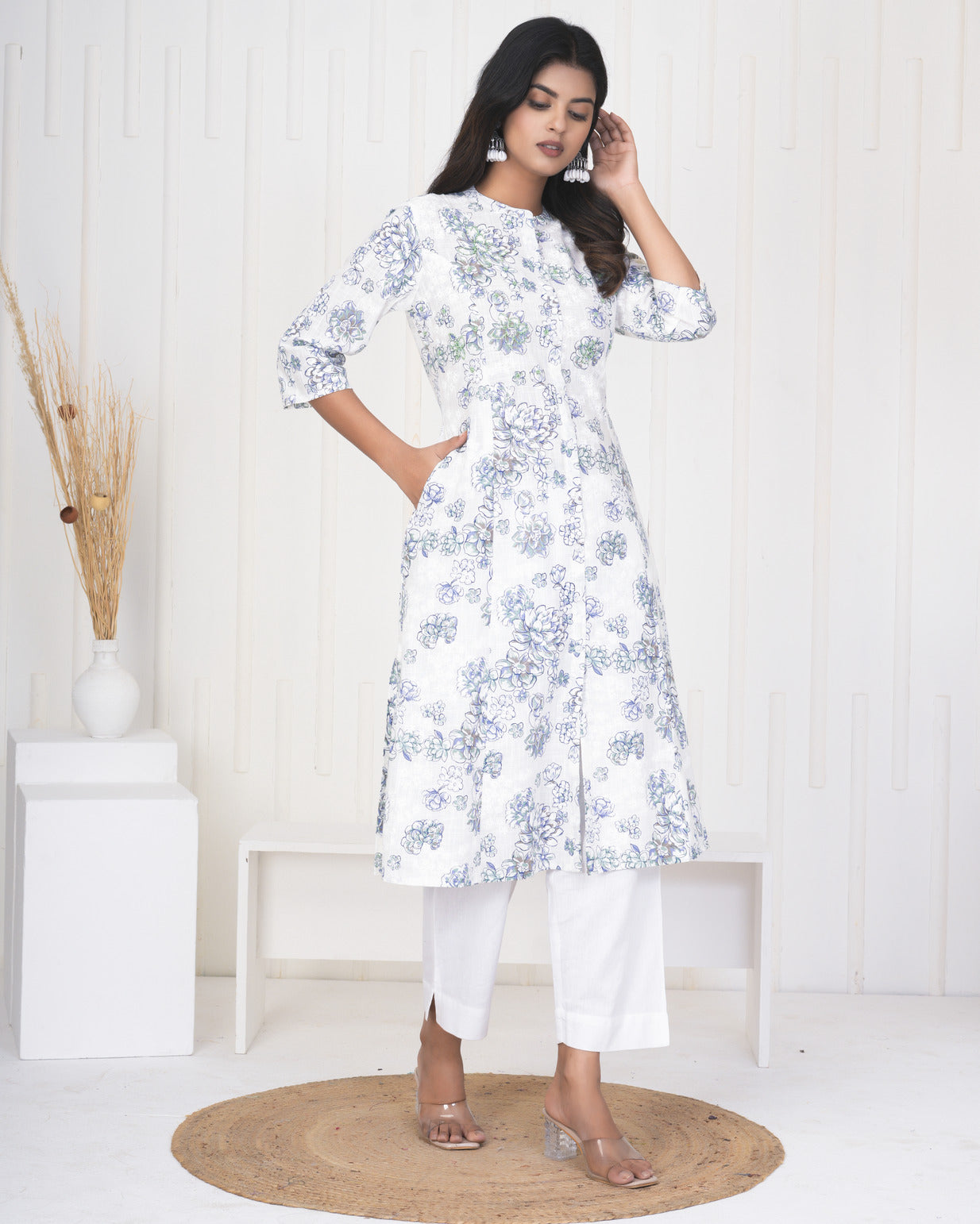 White With Embroidery Floral Work Cotton Kurti