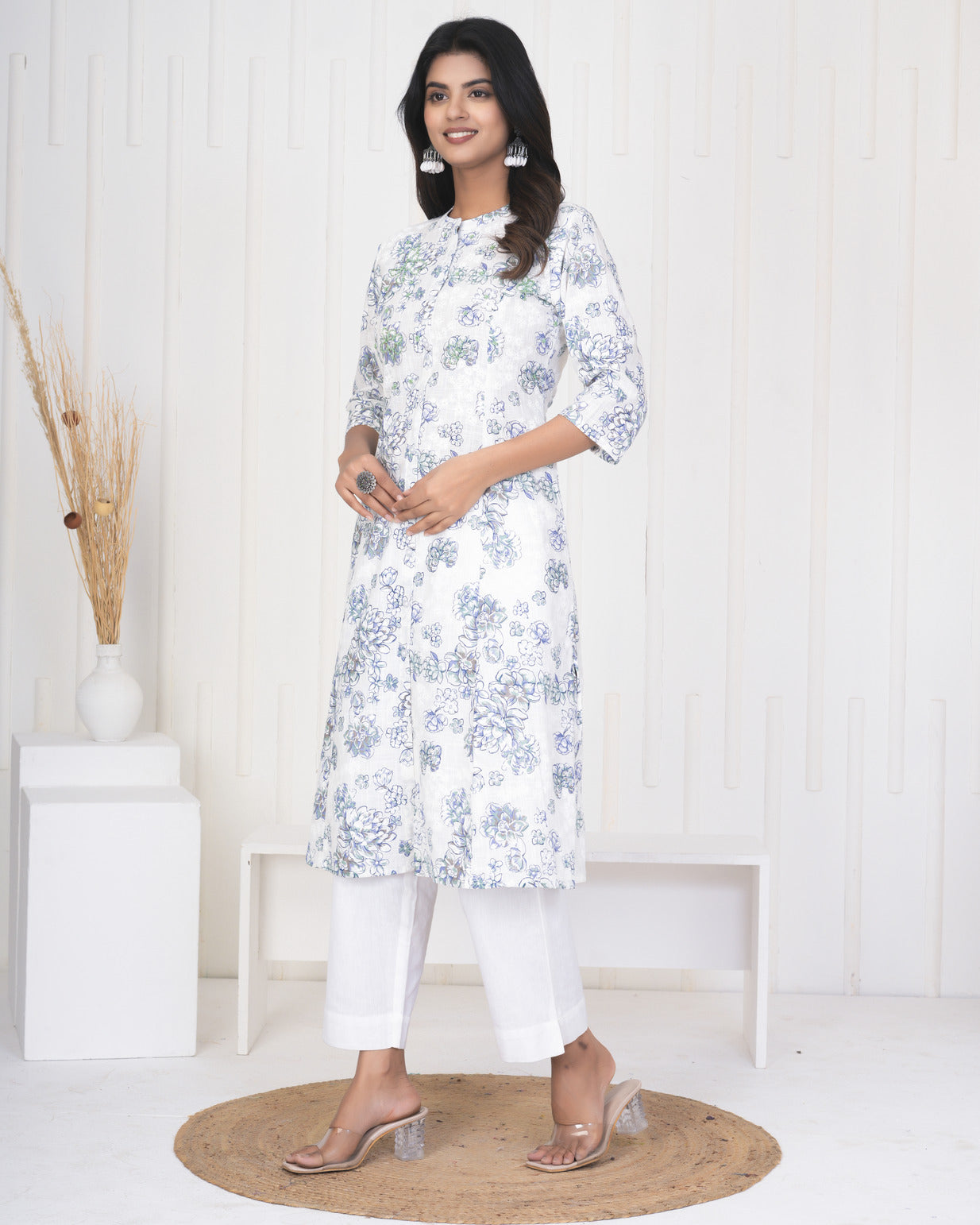 White With Embroidery Floral Work Cotton Kurti