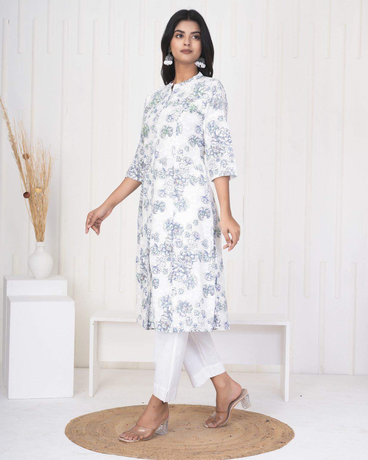 White With Embroidery Floral Work Cotton Kurti