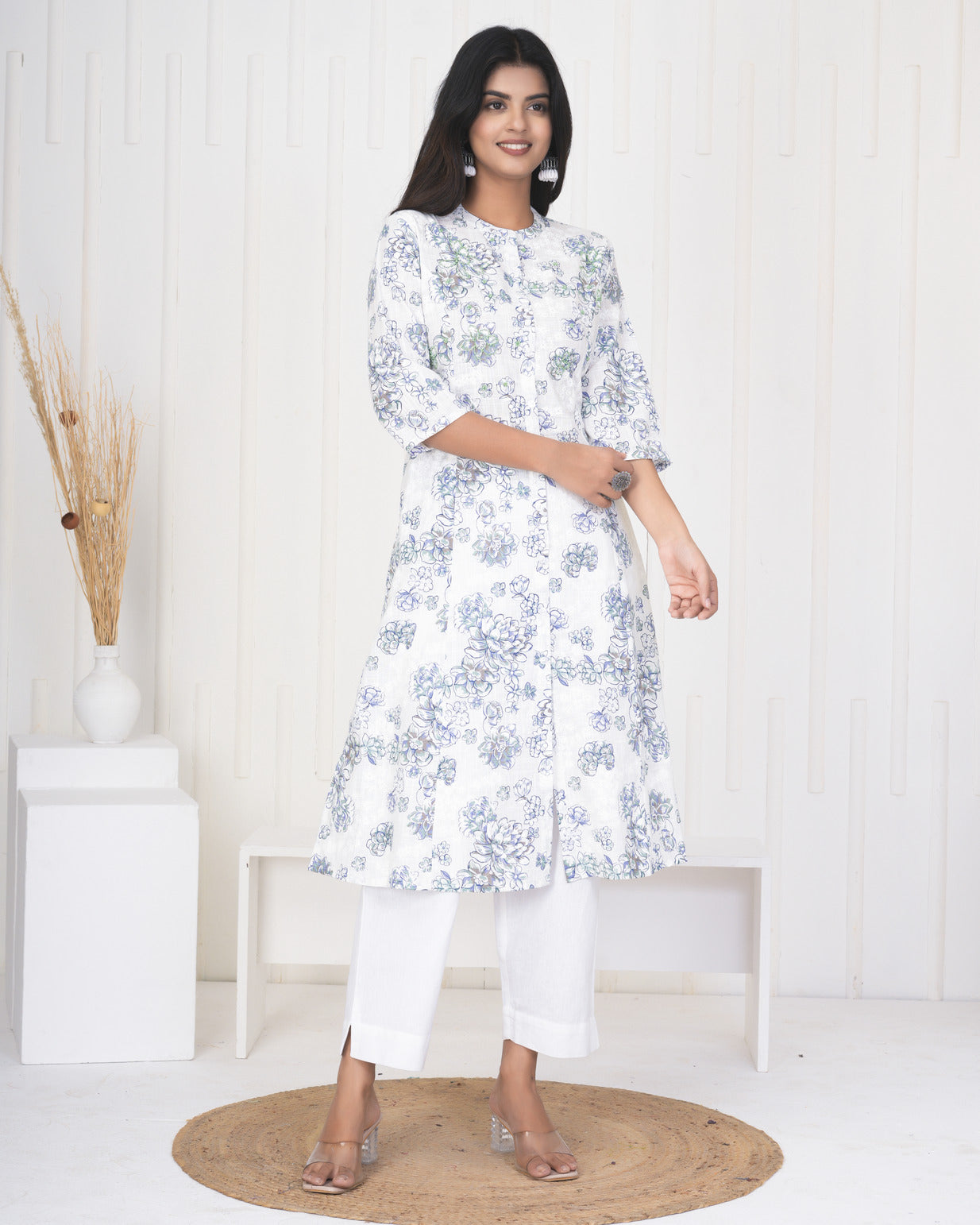 White With Embroidery Floral Work Cotton Kurti