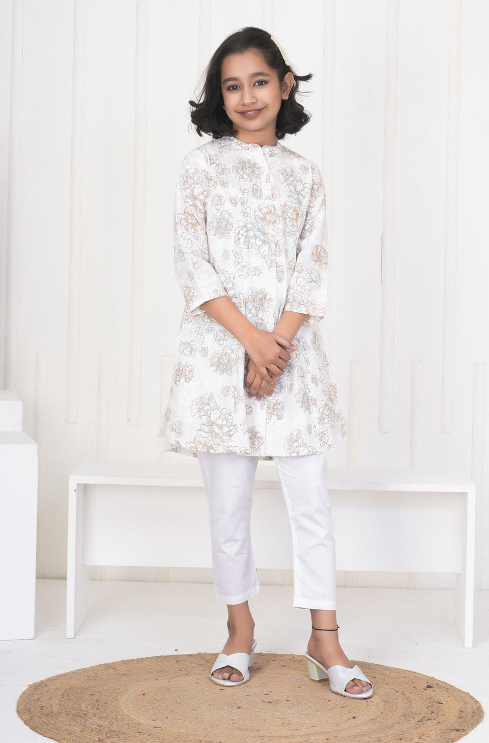 White With Embroidery Floral Work Cotton Kurti