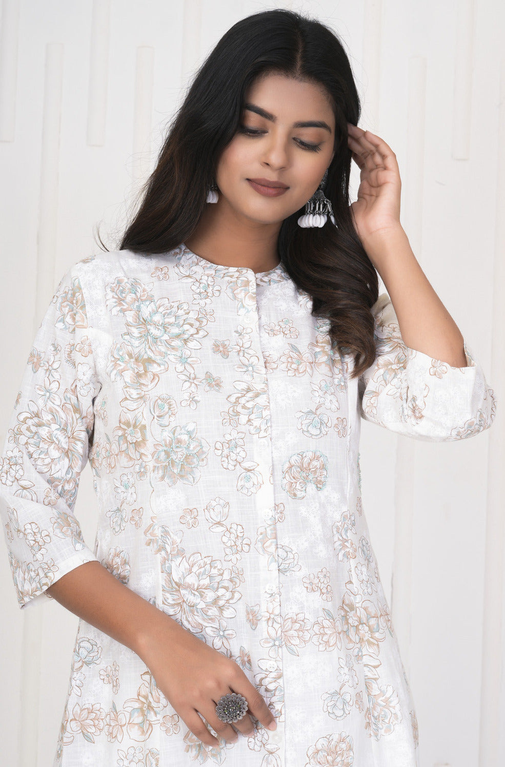 White With Embroidery Floral Work Cotton Kurti