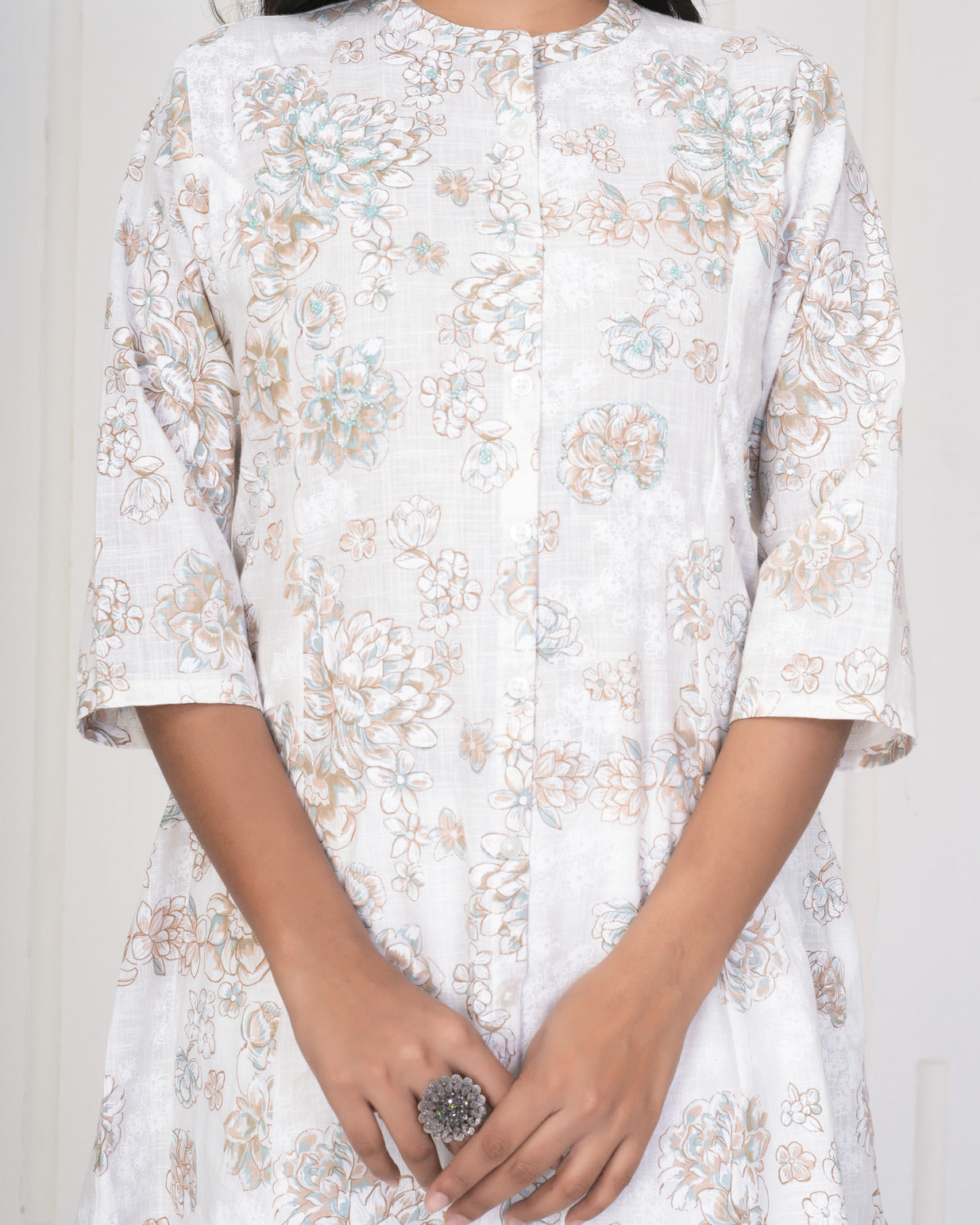 White With Embroidery Floral Work Cotton Kurti