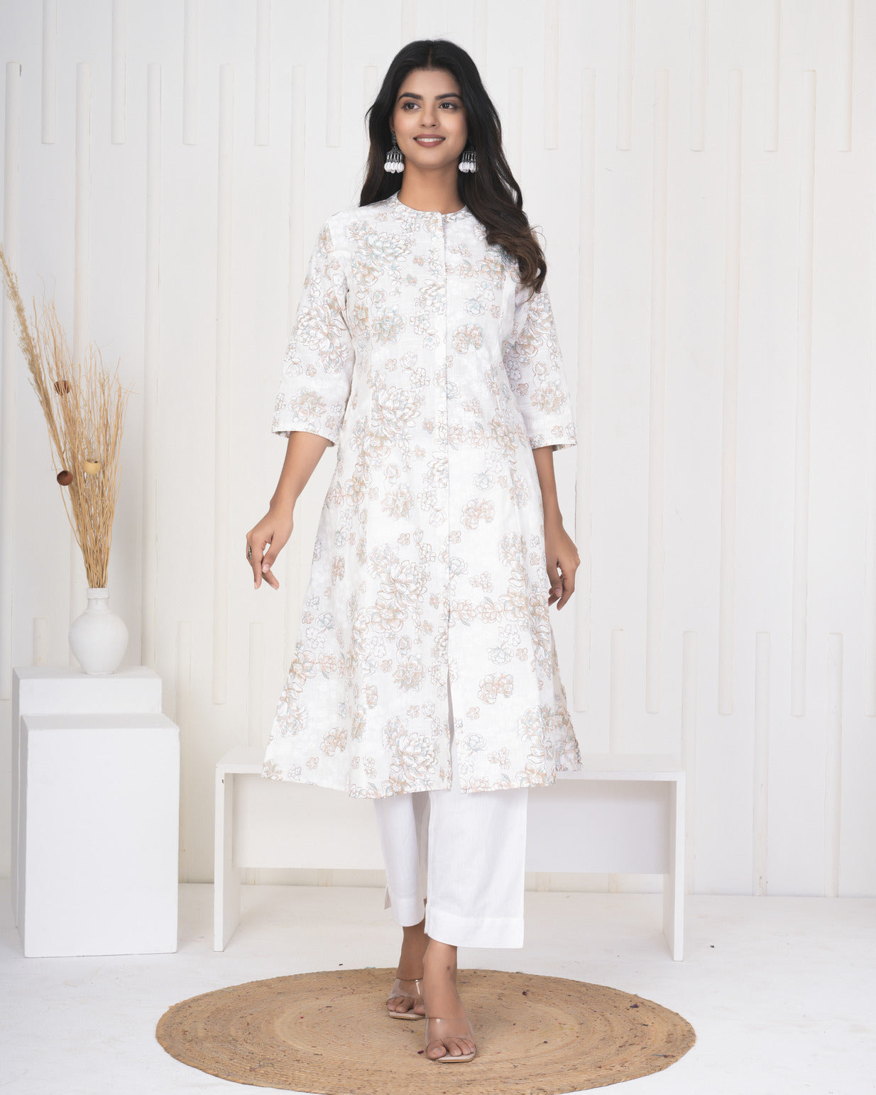 White With Embroidery Floral Work Cotton Kurti