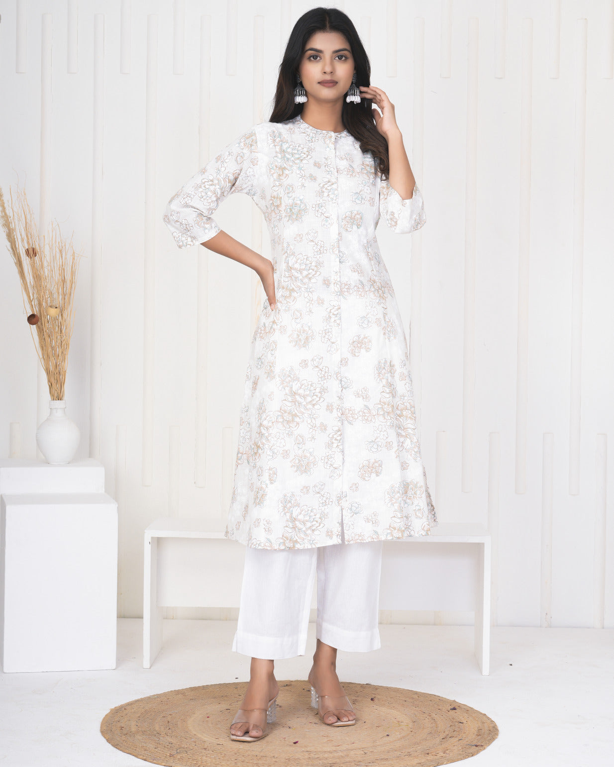 White With Embroidery Floral Work Cotton Kurti