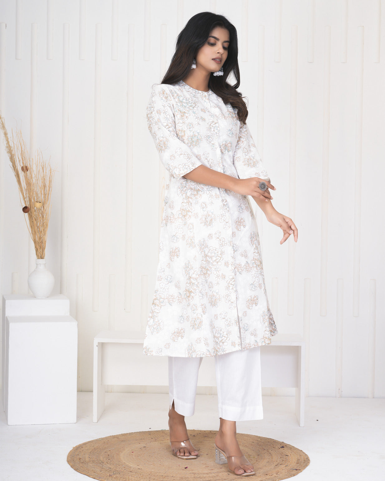 White With Embroidery Floral Work Cotton Kurti