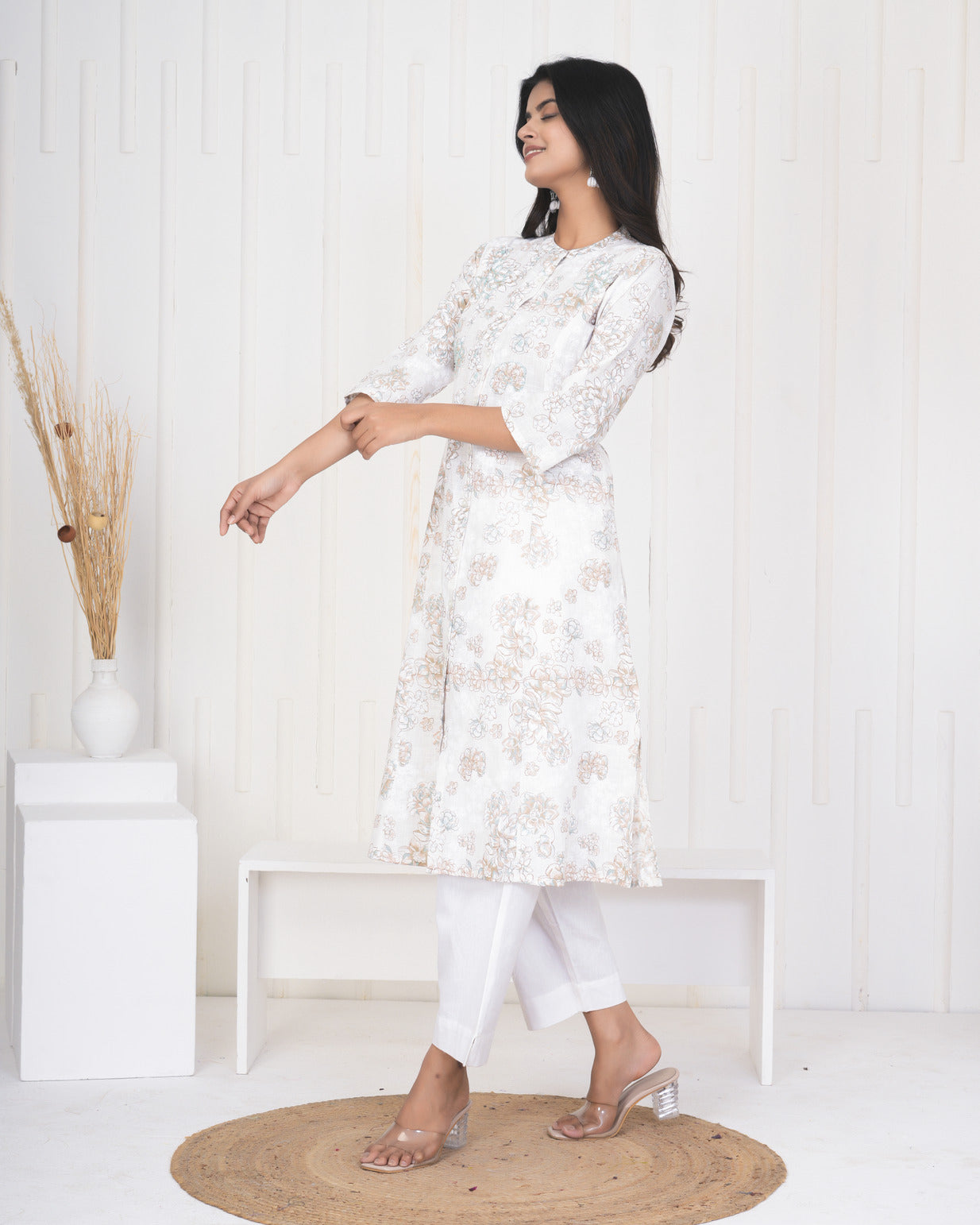 White With Embroidery Floral Work Cotton Kurti