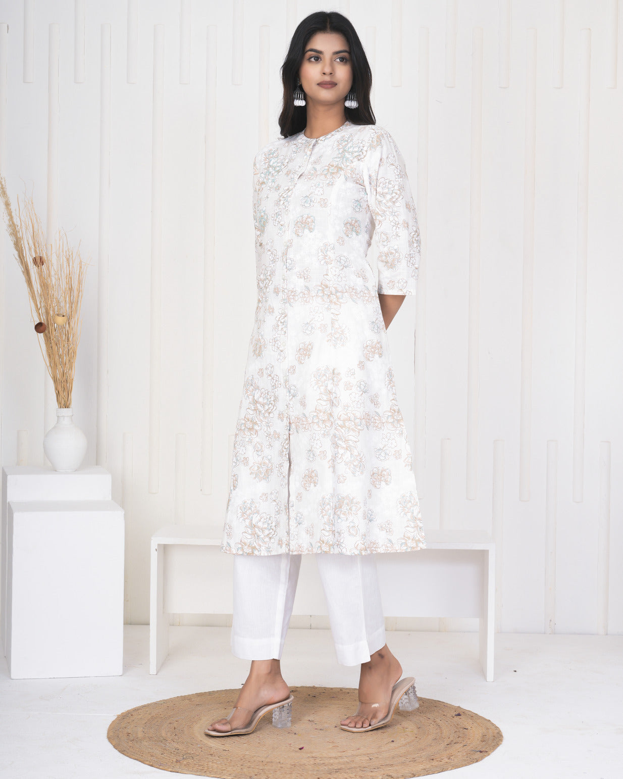 White With Embroidery Floral Work Cotton Kurti