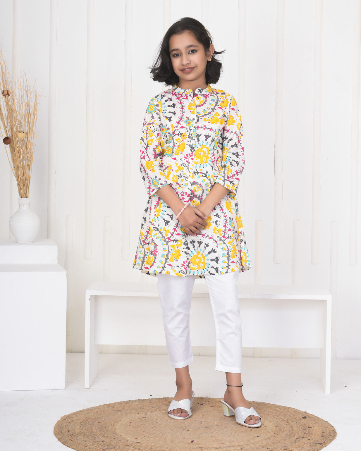 White With Multicolor Floral Print Cotton Kurti