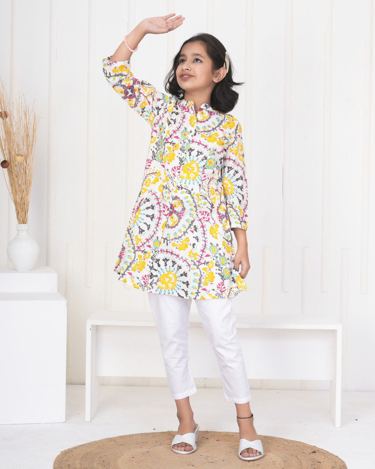 White With Multicolor Floral Print Cotton Kurti