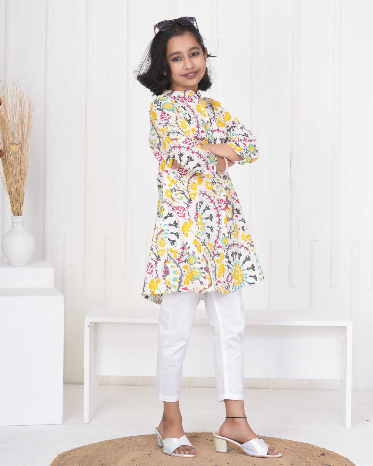 White With Multicolor Floral Print Cotton Kurti