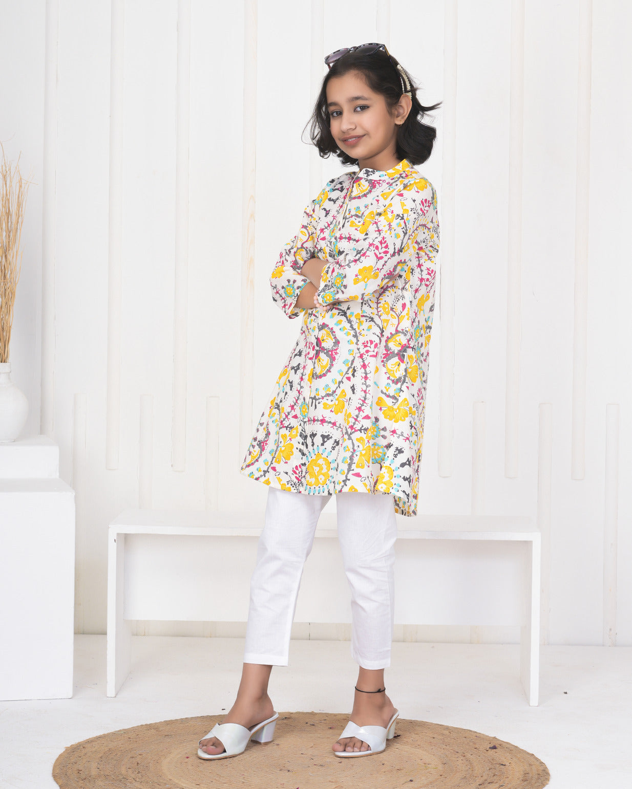 White With Multicolor Floral Print Cotton Kurti