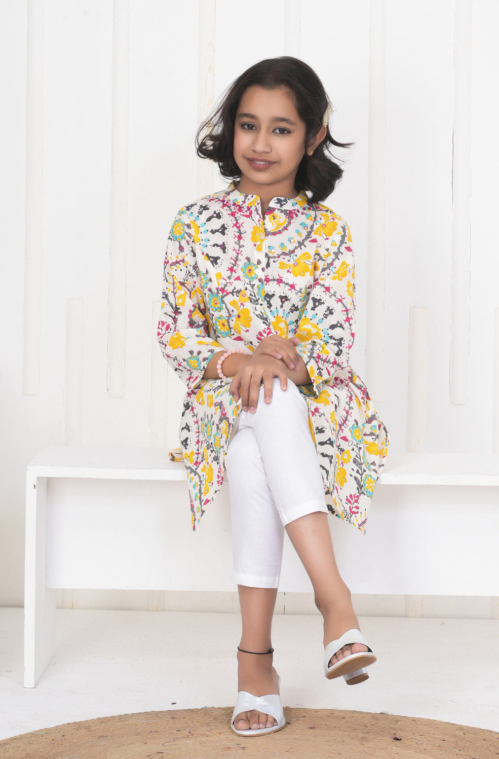 White With Multicolor Floral Print Cotton Kurti