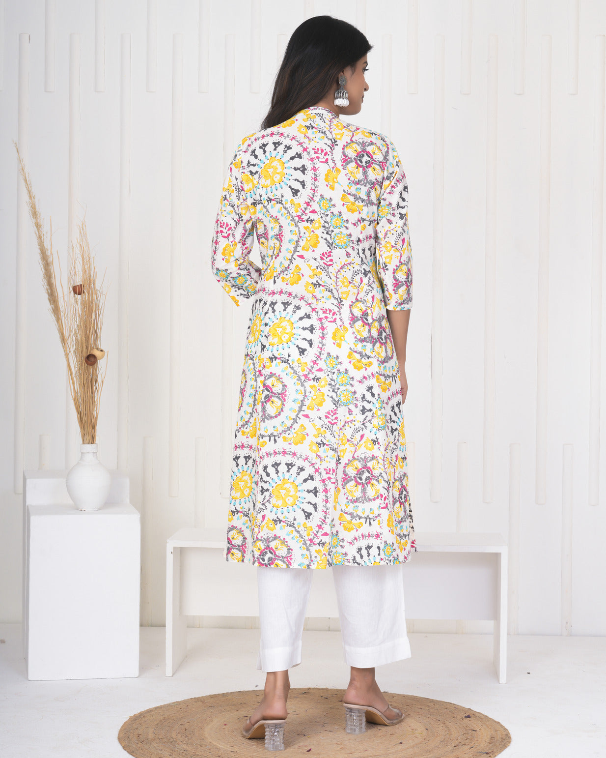 White With Yellow Multicolor Floral Print Cotton Kurti