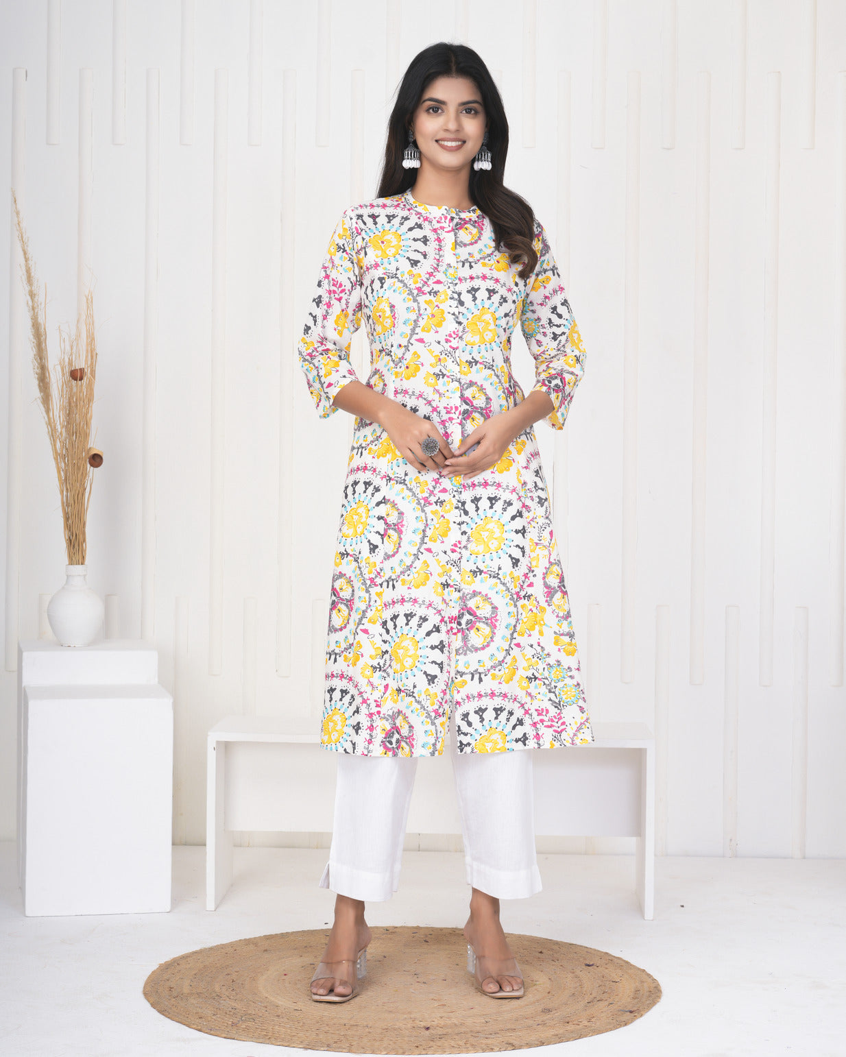 White With Yellow Multicolor Floral Print Cotton Kurti