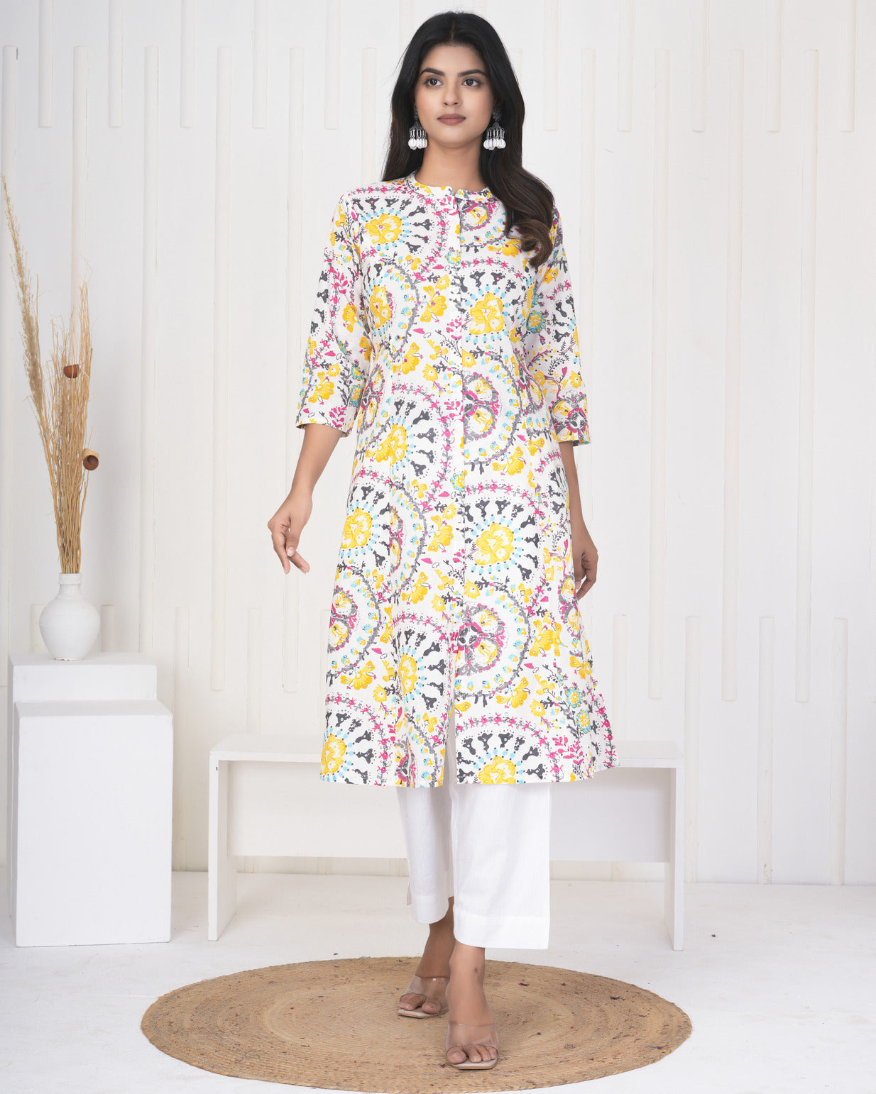 White With Yellow Multicolor Floral Print Cotton Kurti