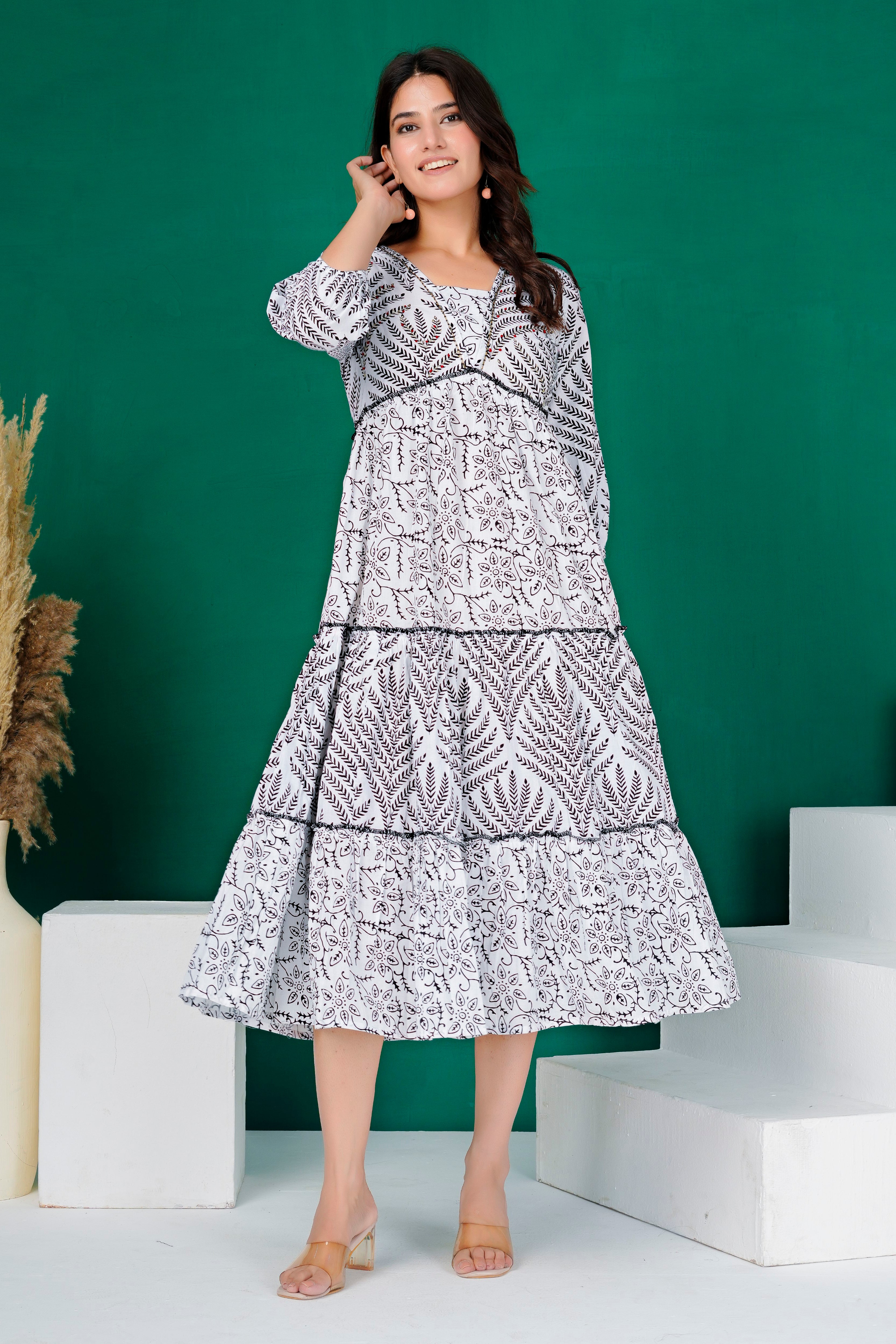 White Botanical Layered Cotton Kurti
