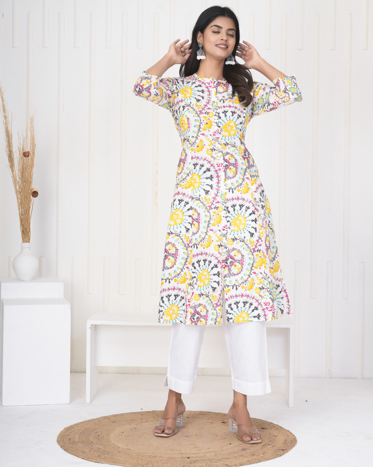 White With Yellow Multicolor Floral Print Cotton Kurti