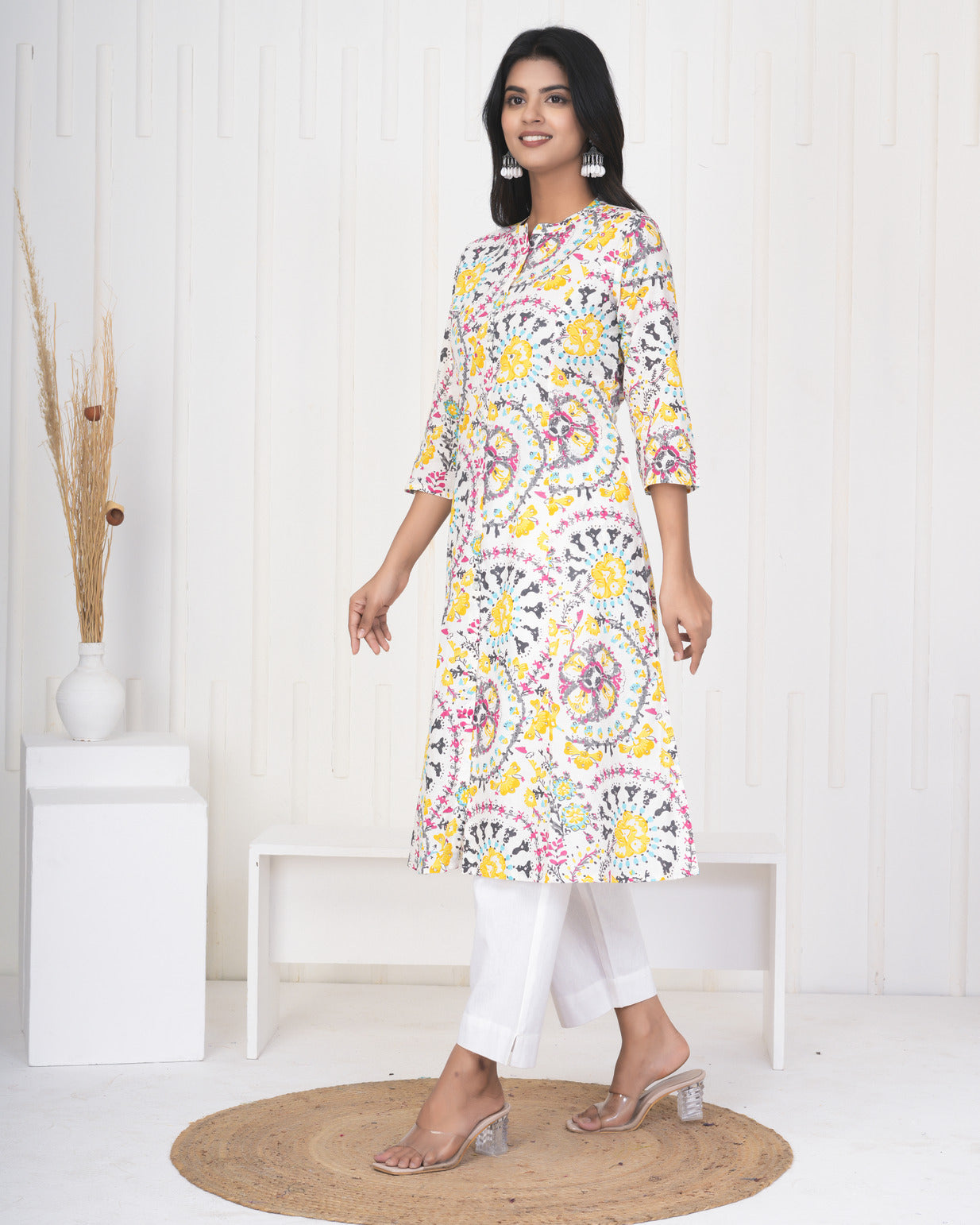 White With Yellow Multicolor Floral Print Cotton Kurti