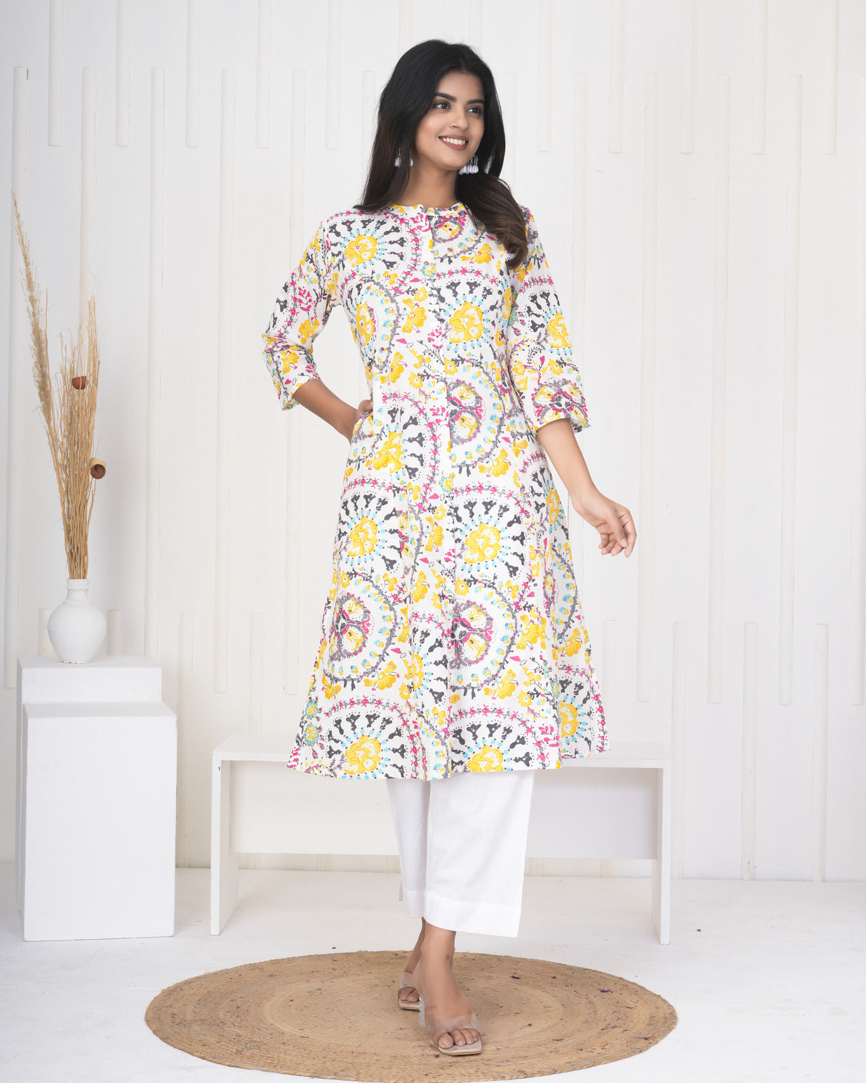 White With Yellow Multicolor Floral Print Cotton Kurti