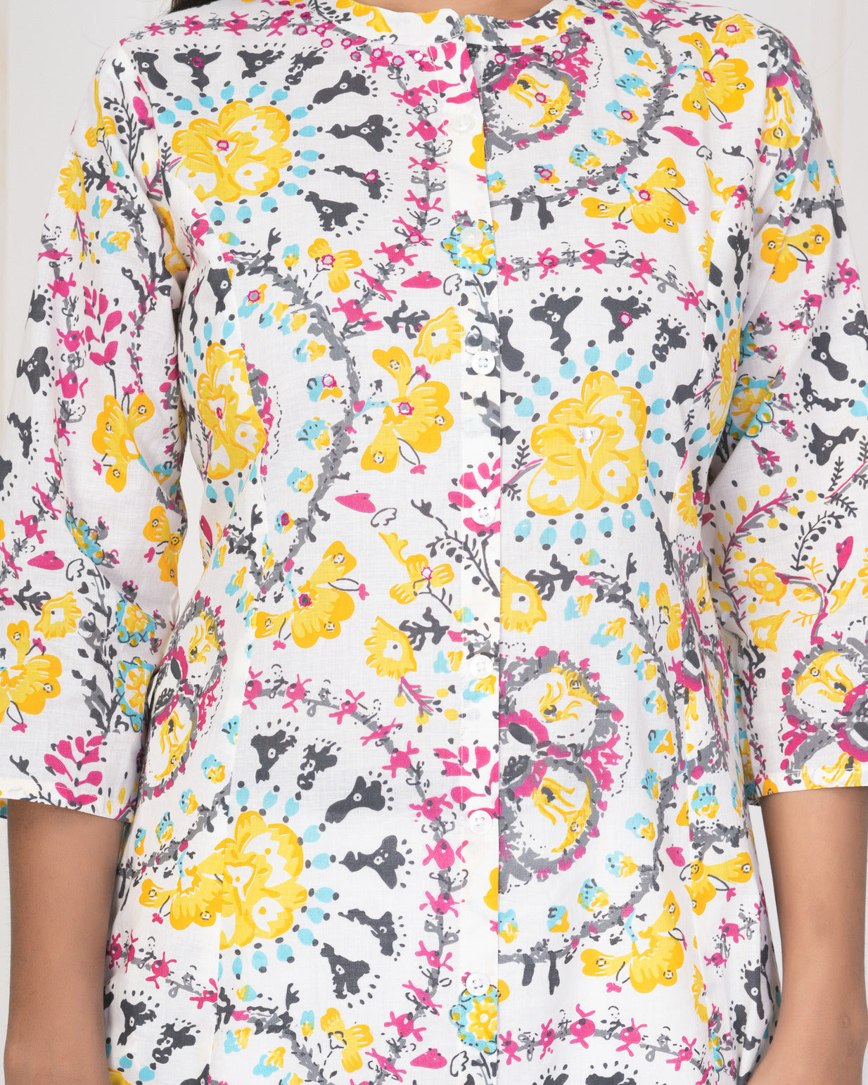 White With Yellow Multicolor Floral Print Cotton Kurti