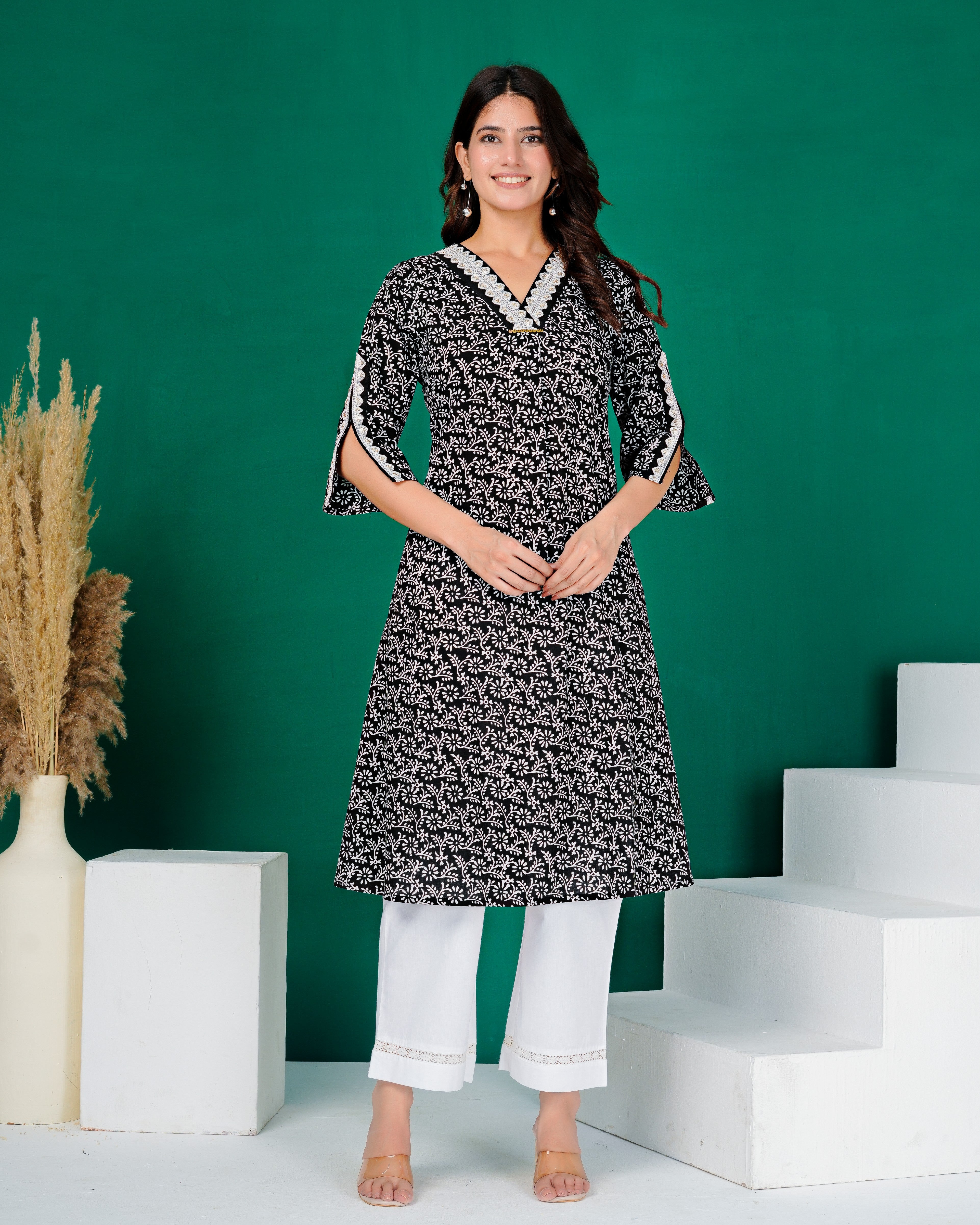 Black Embroidered V-Neck Ladies Kurta