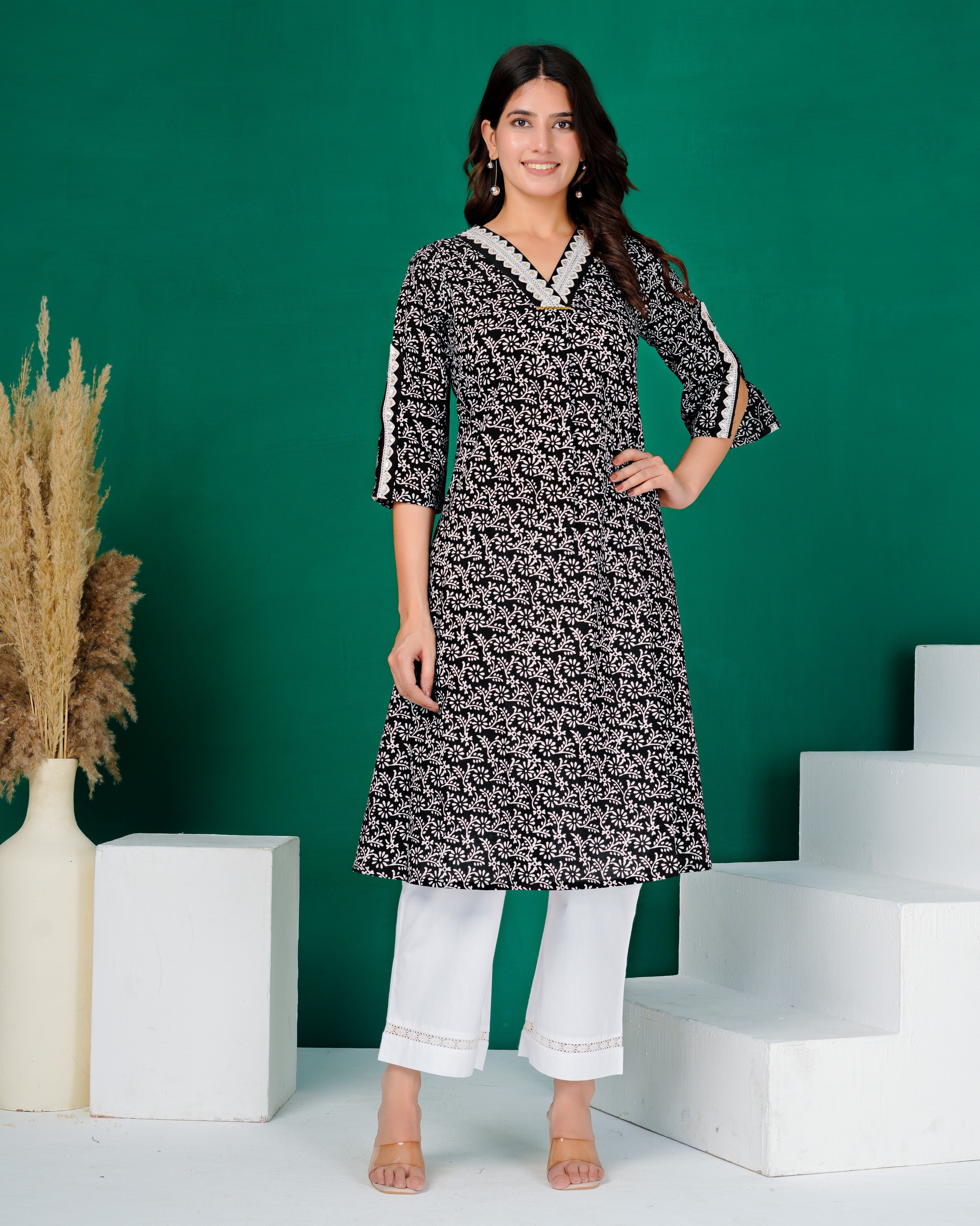 Black Embroidered V-Neck Ladies Kurta