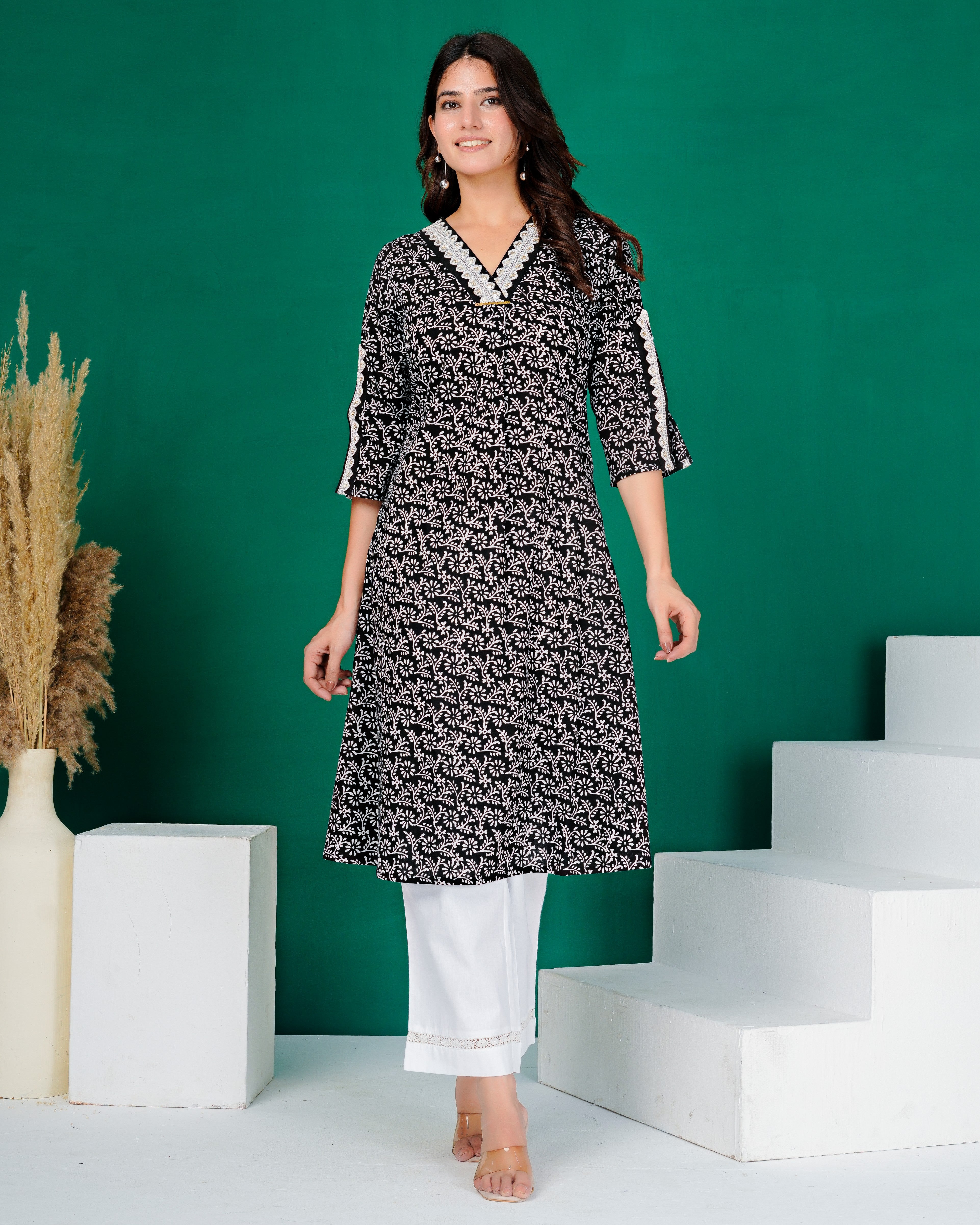 Black Embroidered V-Neck Ladies Kurta