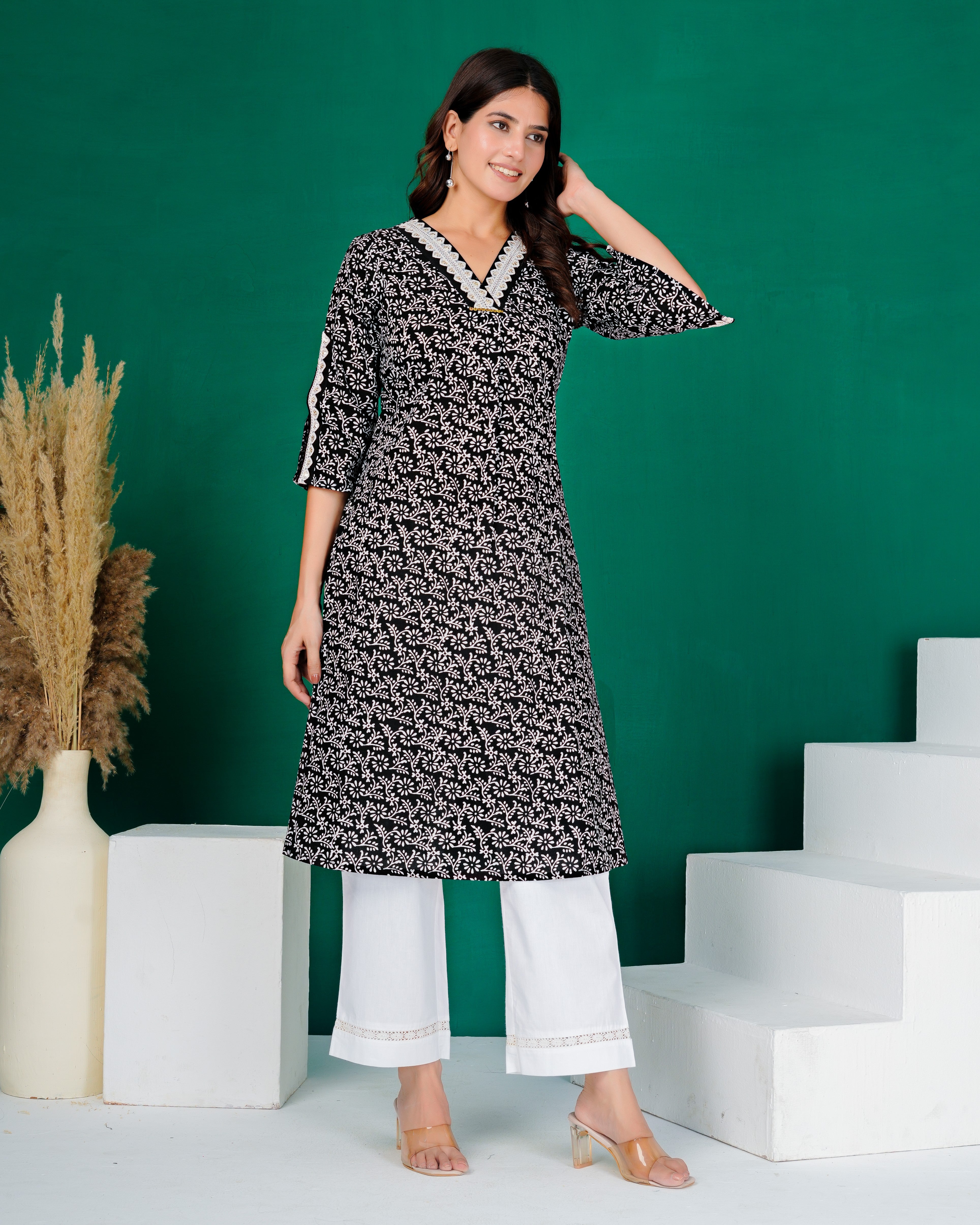 Black Embroidered V-Neck Ladies Kurta