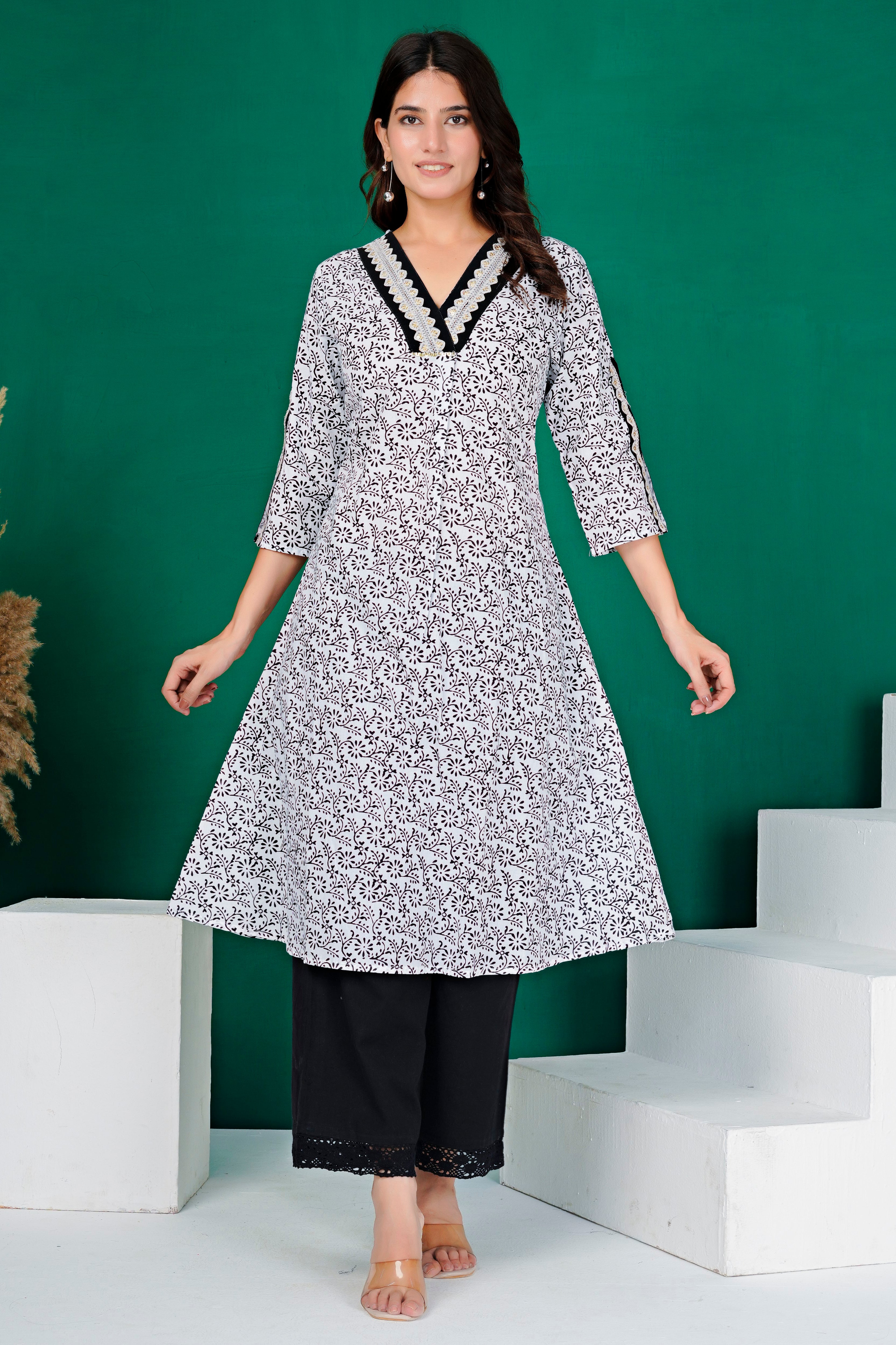 White Black Speckle Straight Cut Cotton Kurti