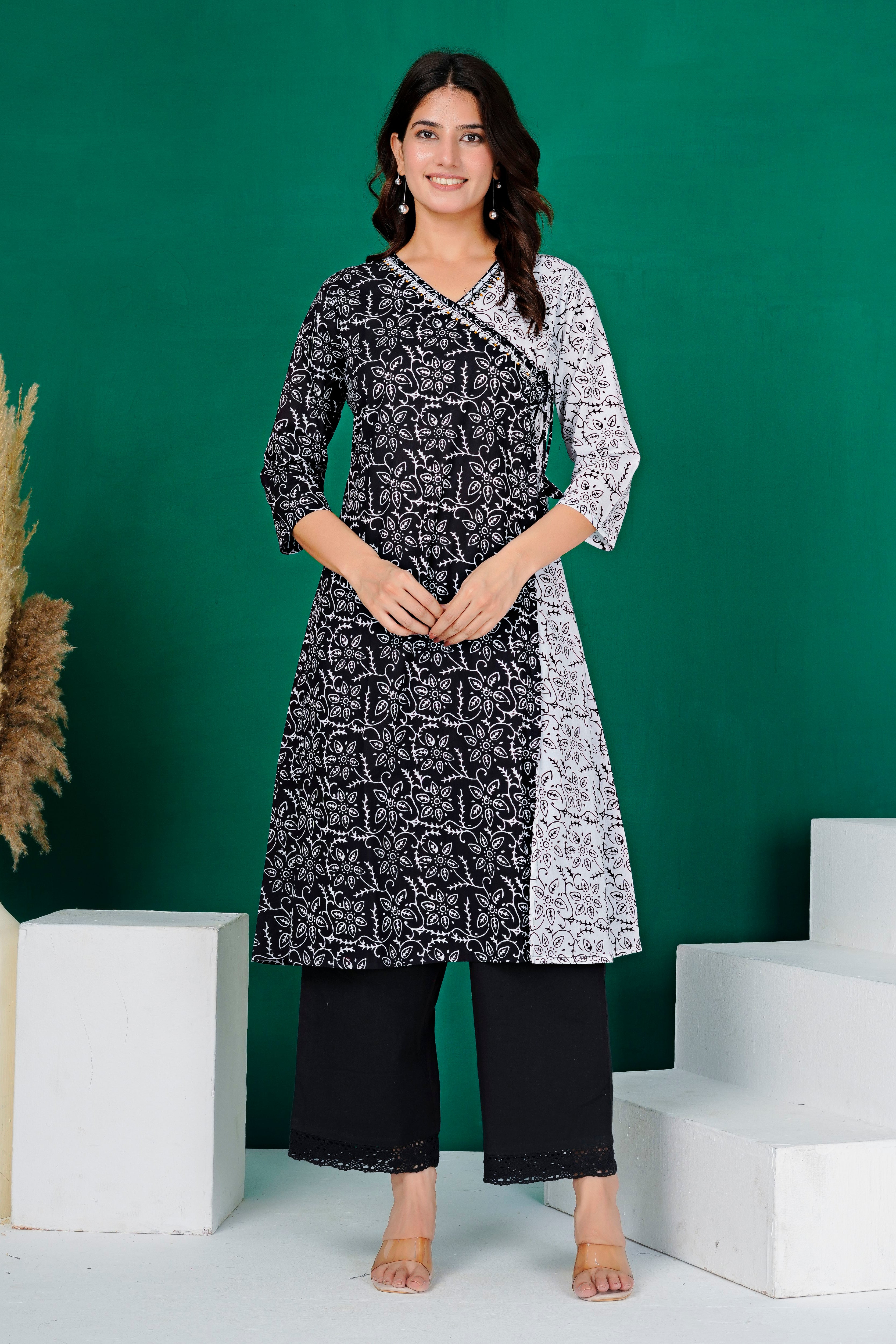 Black & White Contrast Panel Wrap-Style Kurti