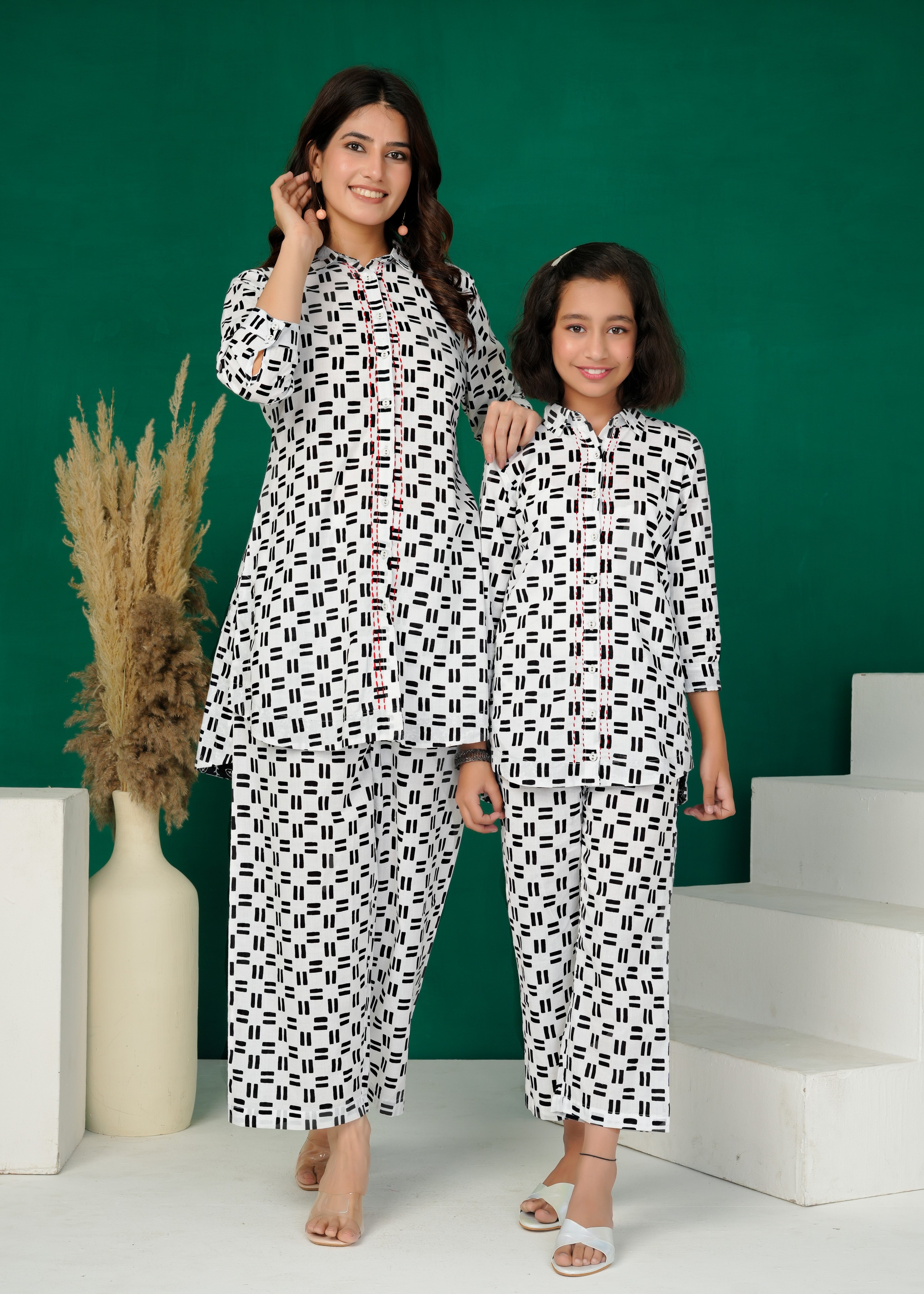 White Cross-Weave Geometric Print Cotton Co-ords
