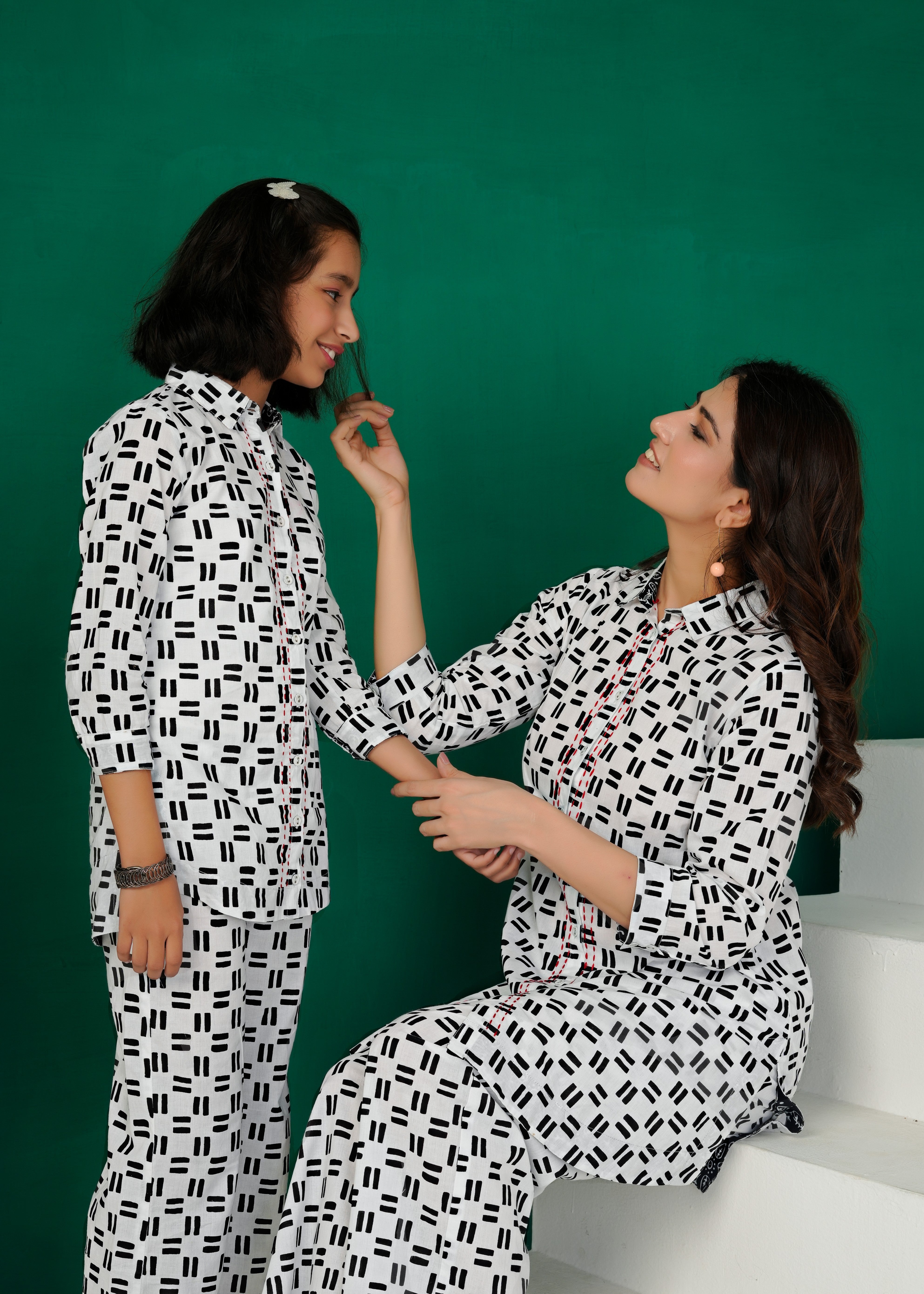 White Cross-Weave Geometric Print Cotton Co-ords