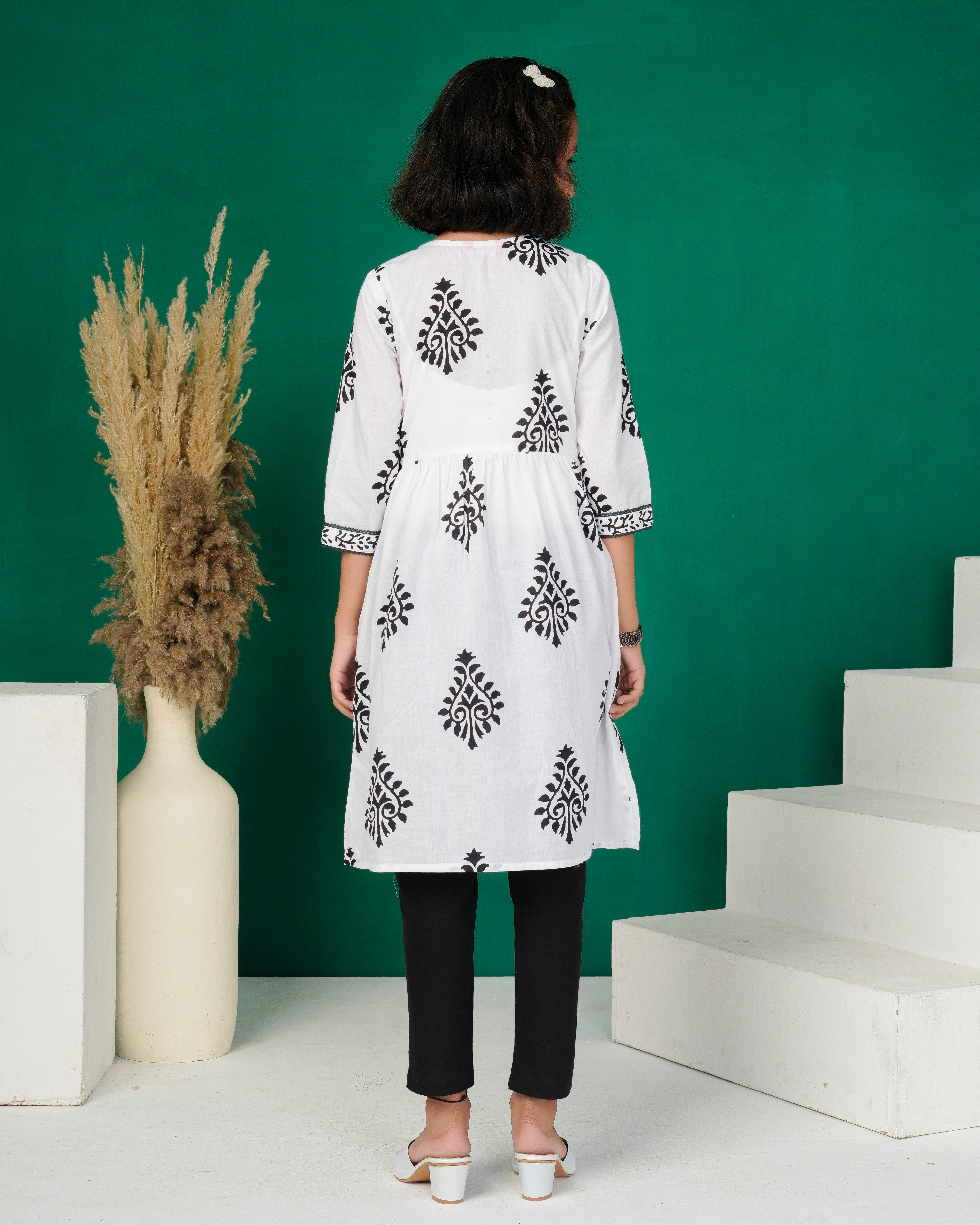 White Hand-Block Patch Yoke Cotton Kurti