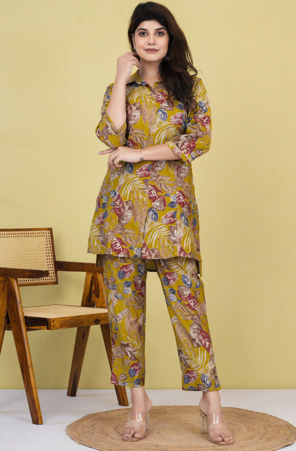 Golden Yellow With Floral Printed Maslin Co-Ord Set