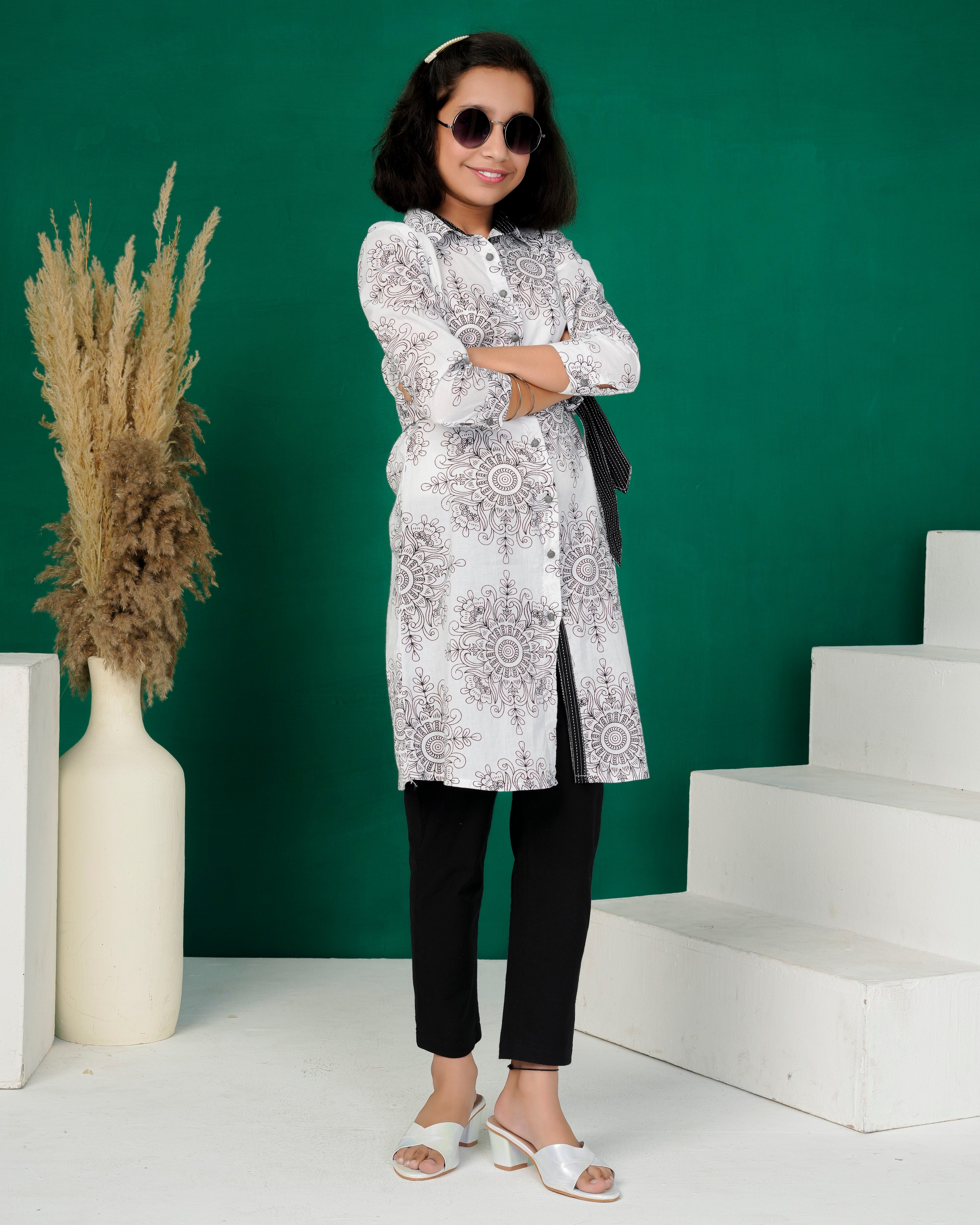 White Mandala Belted Shirt-Kurti