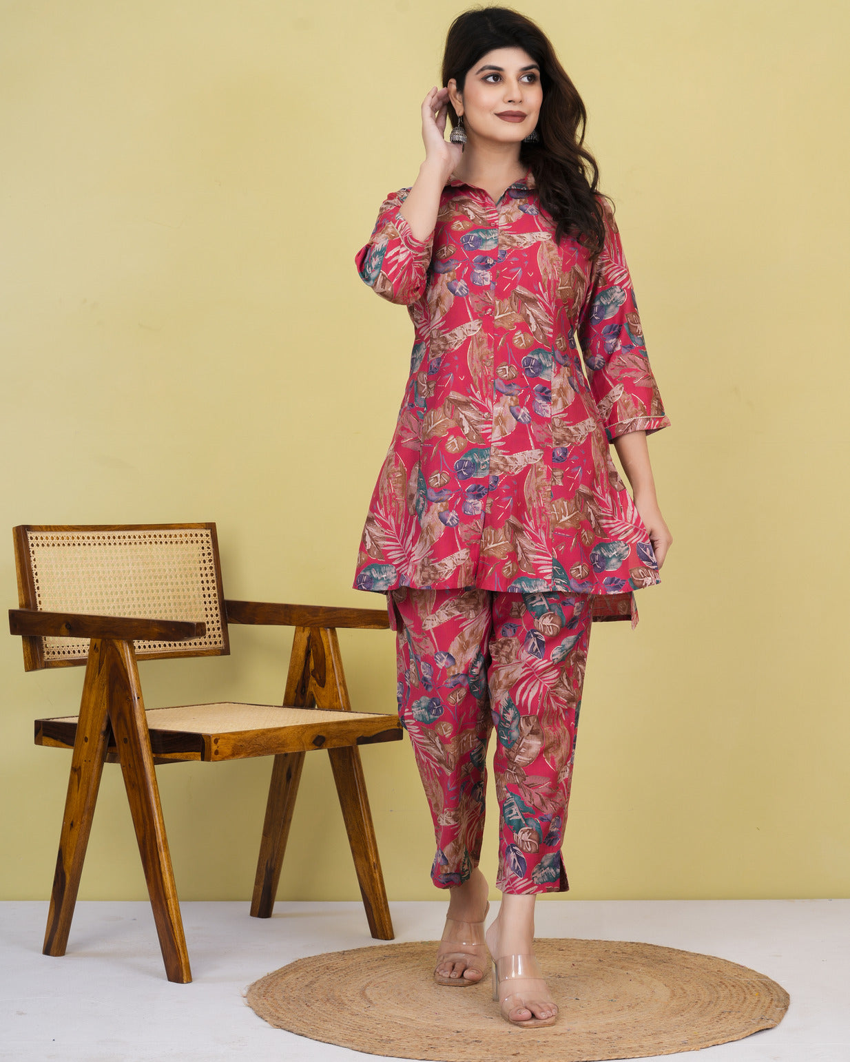 Red With Floral Printed Maslin Co-Ord Set