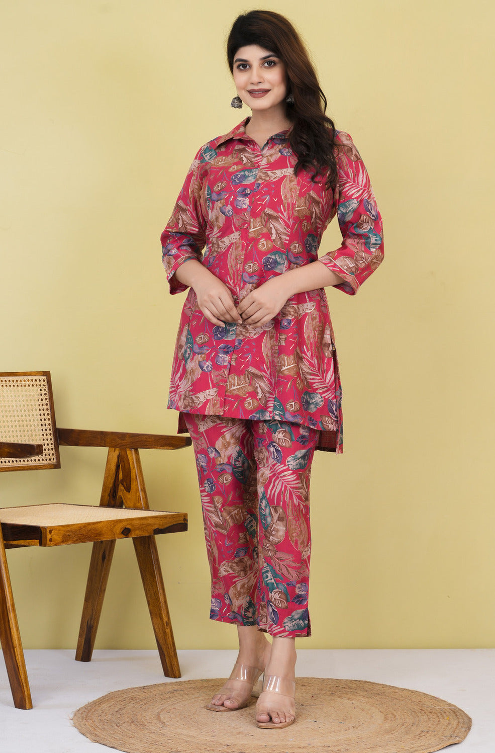 Red With Floral Printed Maslin Co-Ord Set